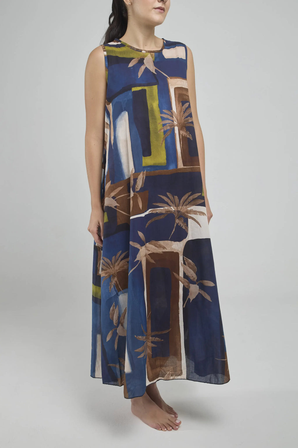 VESTIDO LARGO ESTAMPADO MANGA SISA CUELLO REDONDO BOLSILLOS