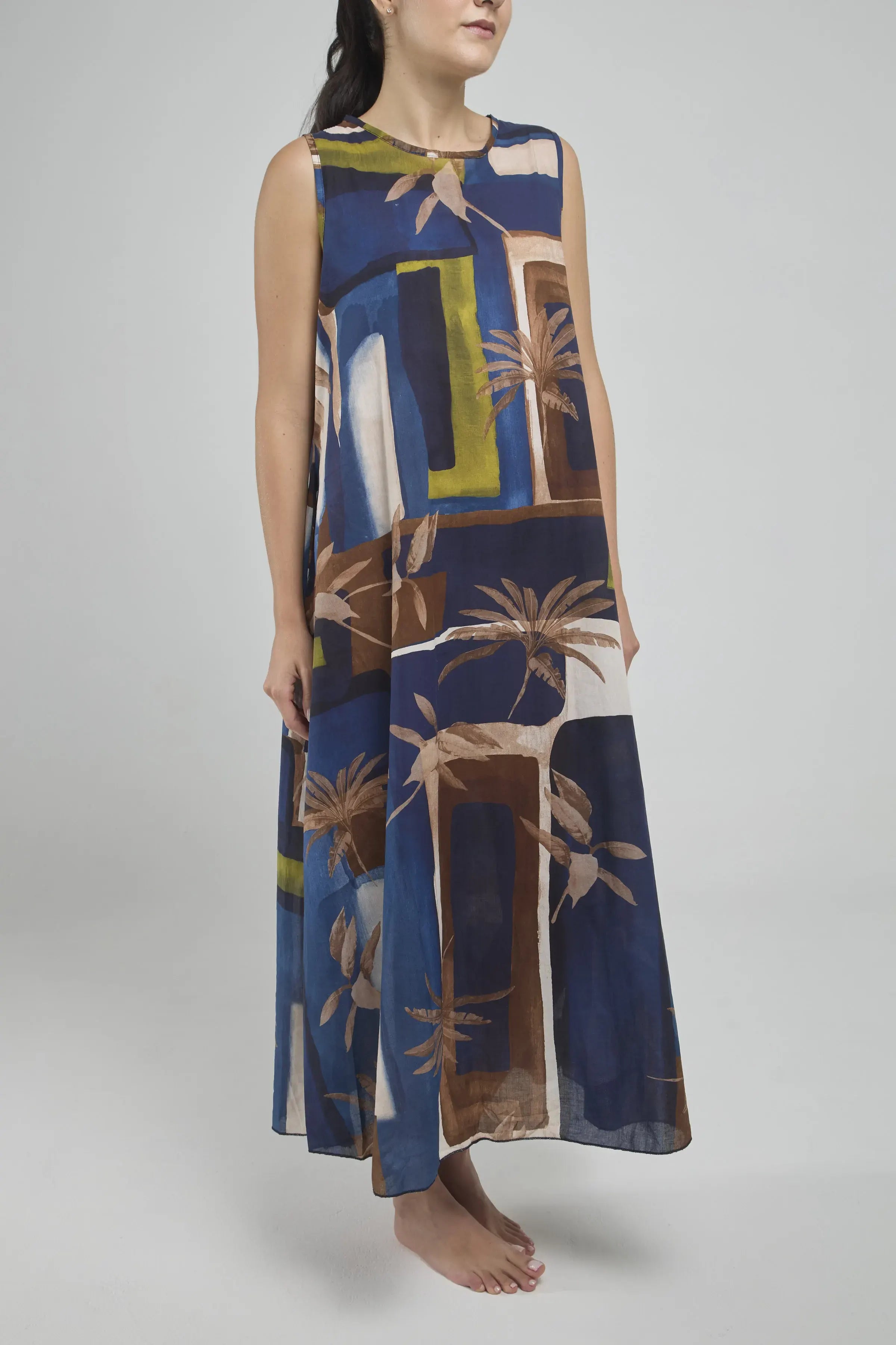 VESTIDO LARGO ESTAMPADO MANGA SISA CUELLO REDONDO BOLSILLOS