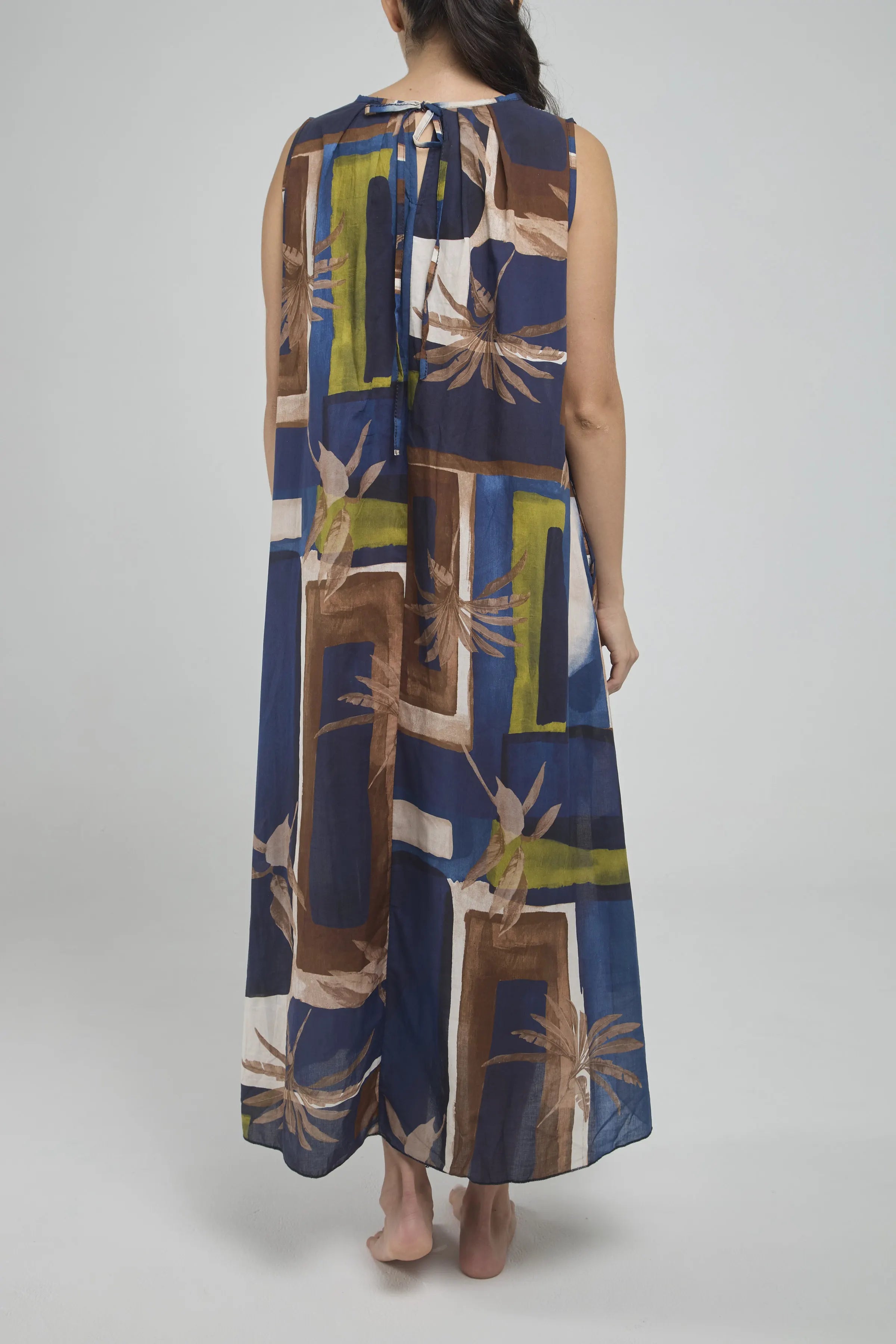 VESTIDO LARGO ESTAMPADO MANGA SISA CUELLO REDONDO BOLSILLOS