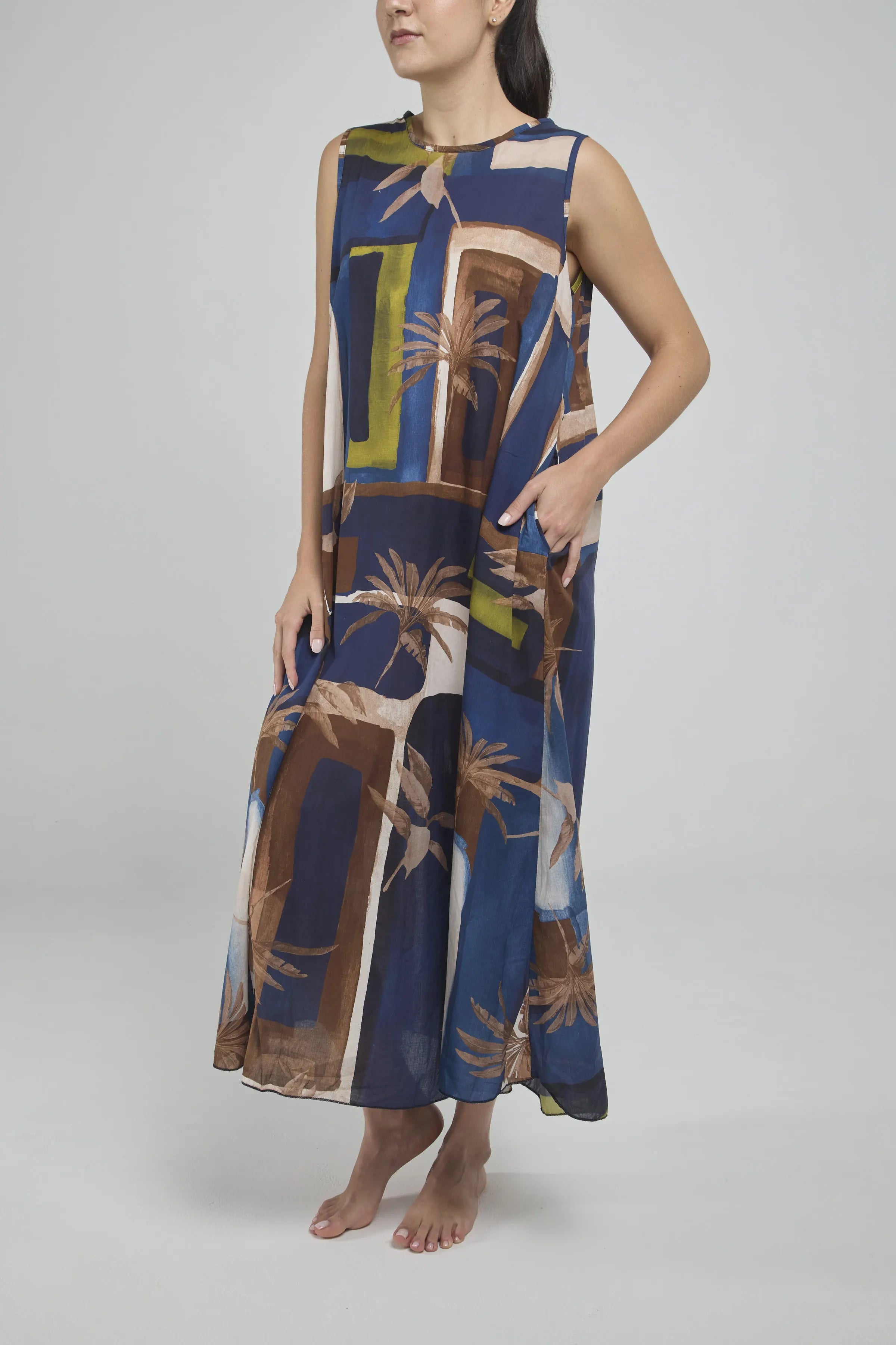 VESTIDO LARGO ESTAMPADO MANGA SISA CUELLO REDONDO BOLSILLOS