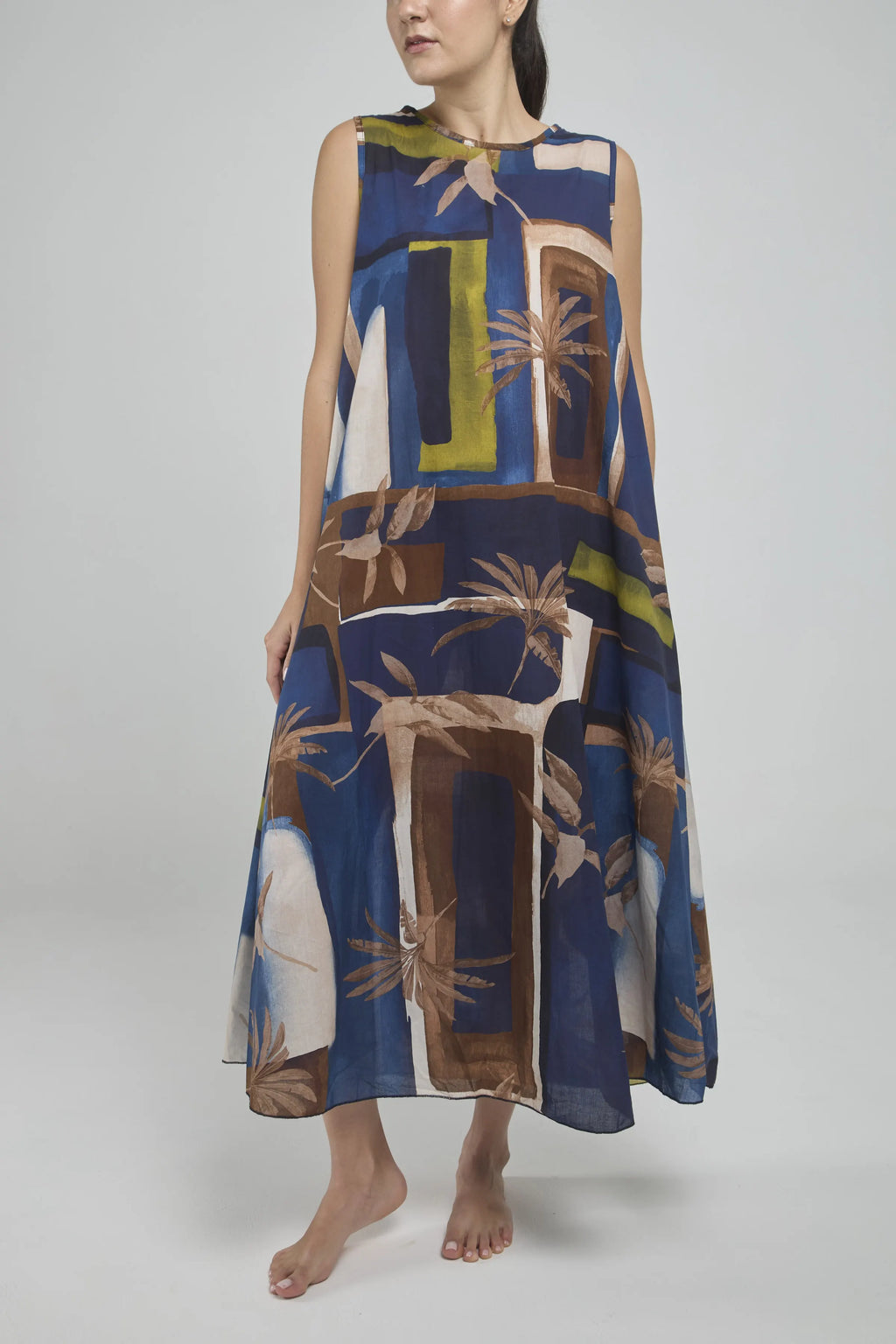 VESTIDO LARGO ESTAMPADO MANGA SISA CUELLO REDONDO BOLSILLOS