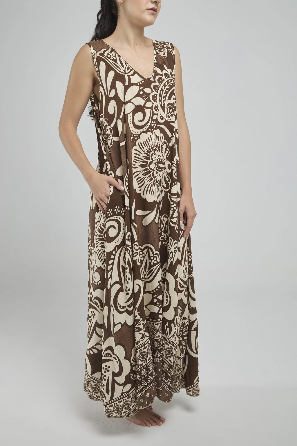 VESTIDO LARGO ESTAMPADO C/V M/S BOLSILLO