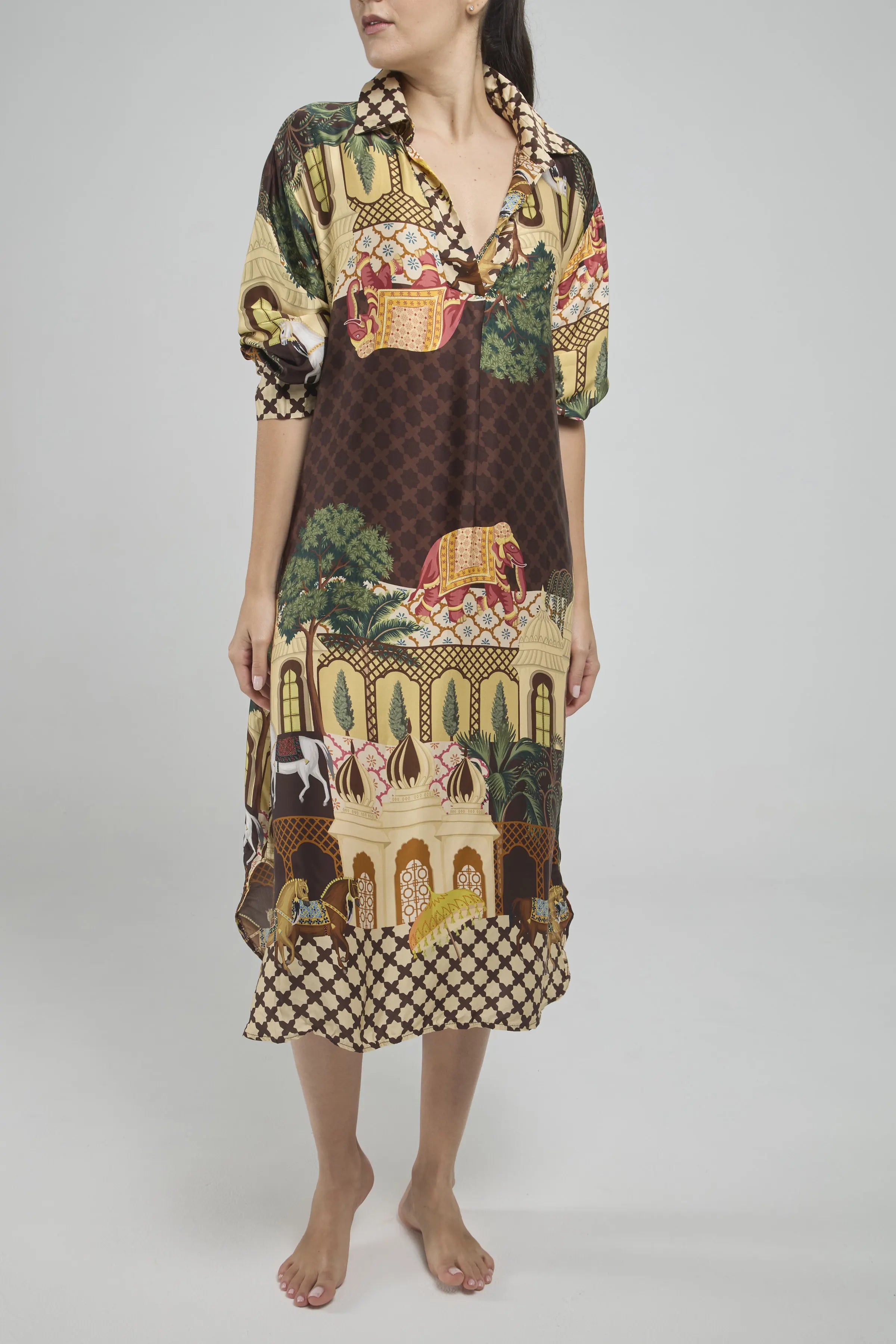 VESTIDO SATIN ESTAMPADO  1/2 PERILLA C/C MANGA 3/4