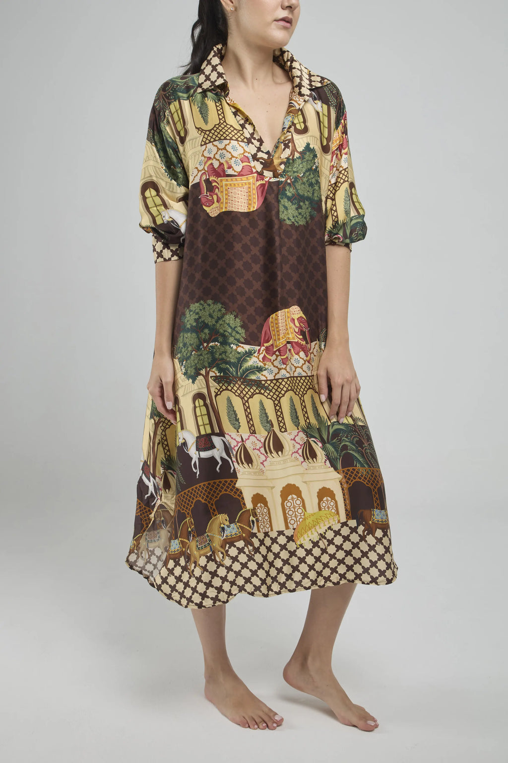 VESTIDO SATIN ESTAMPADO  1/2 PERILLA C/C MANGA 3/4