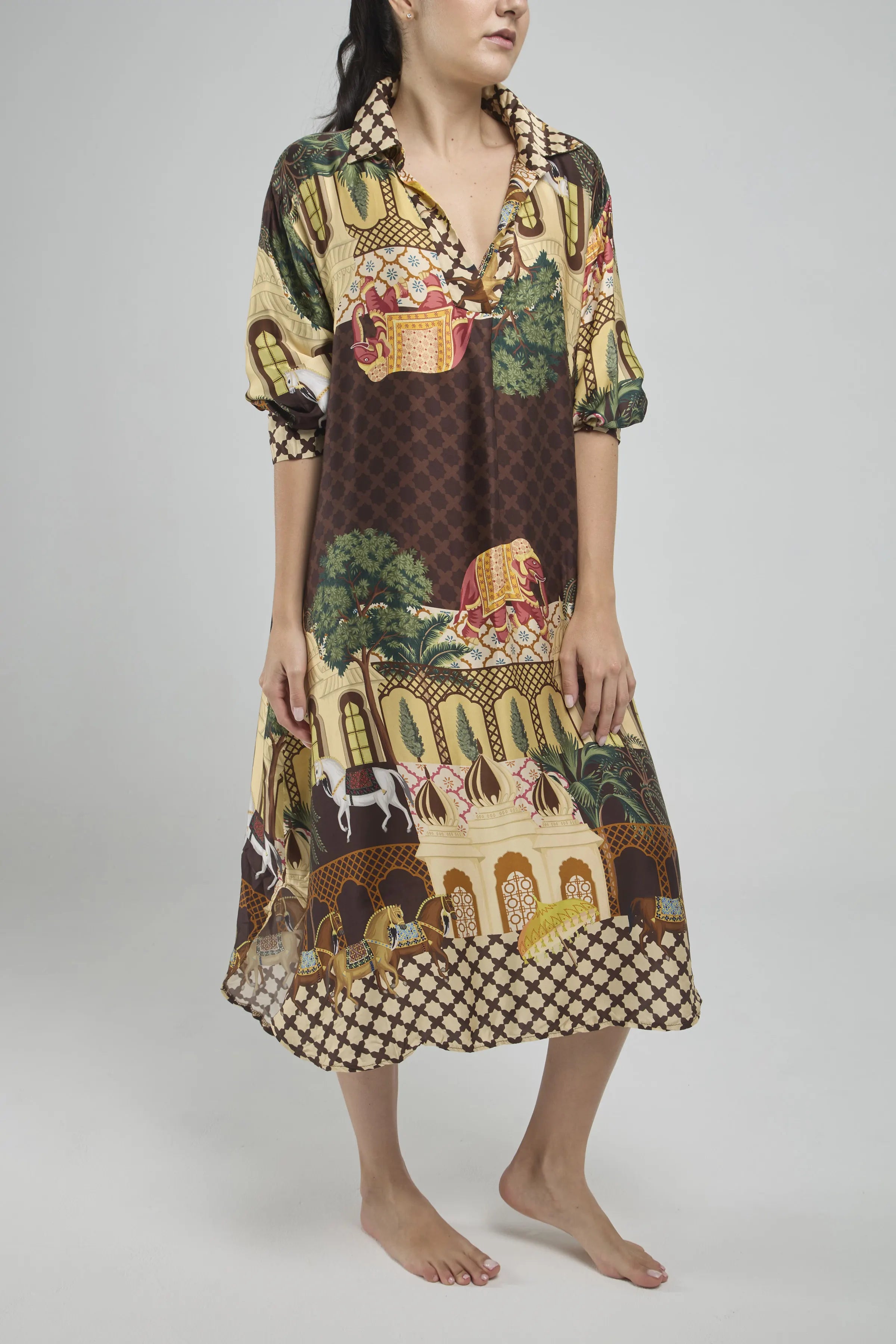 VESTIDO SATIN ESTAMPADO  1/2 PERILLA C/C MANGA 3/4