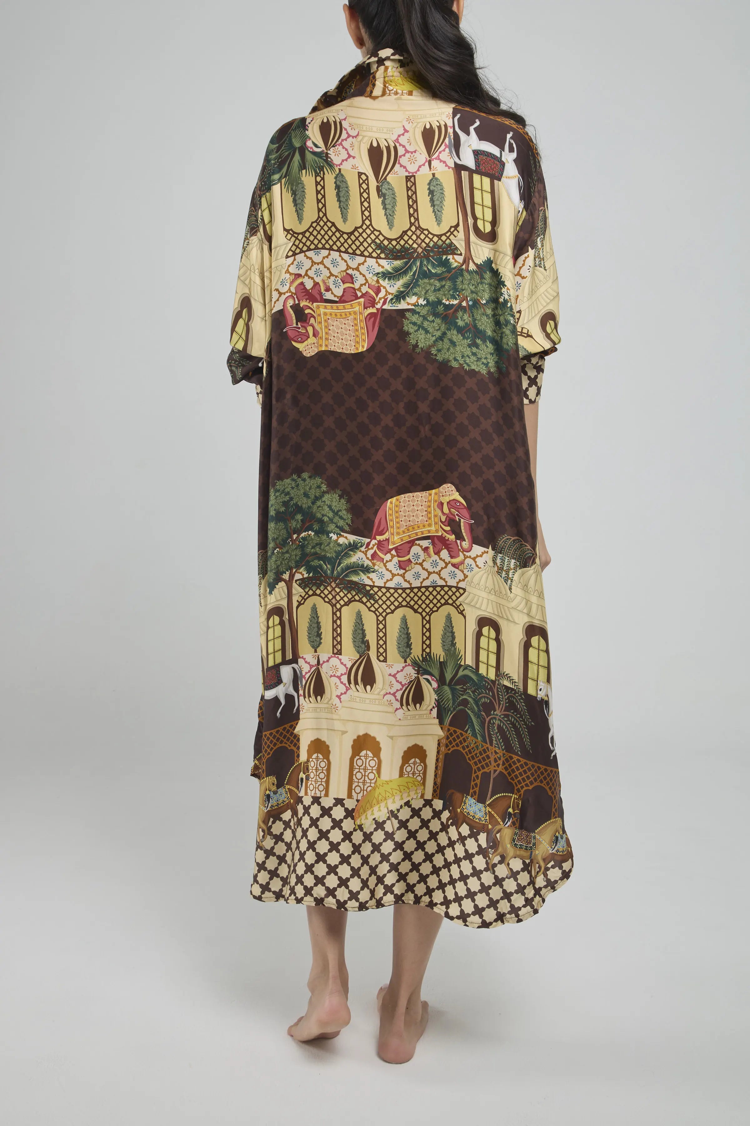 VESTIDO SATIN ESTAMPADO  1/2 PERILLA C/C MANGA 3/4