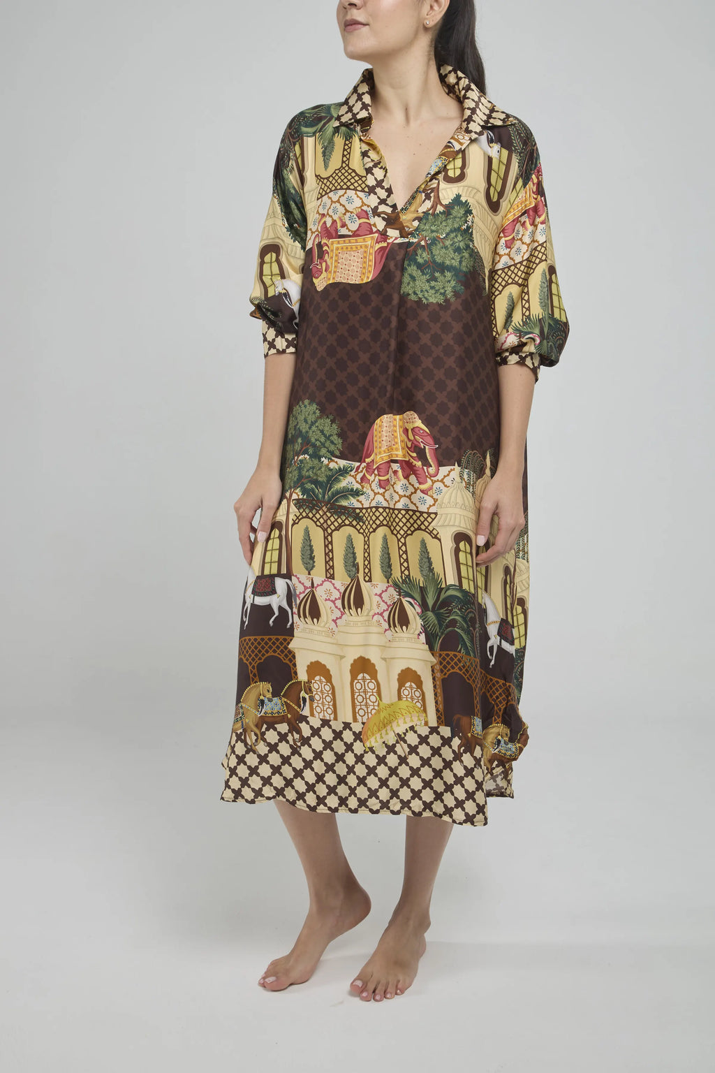 VESTIDO SATIN ESTAMPADO  1/2 PERILLA C/C MANGA 3/4