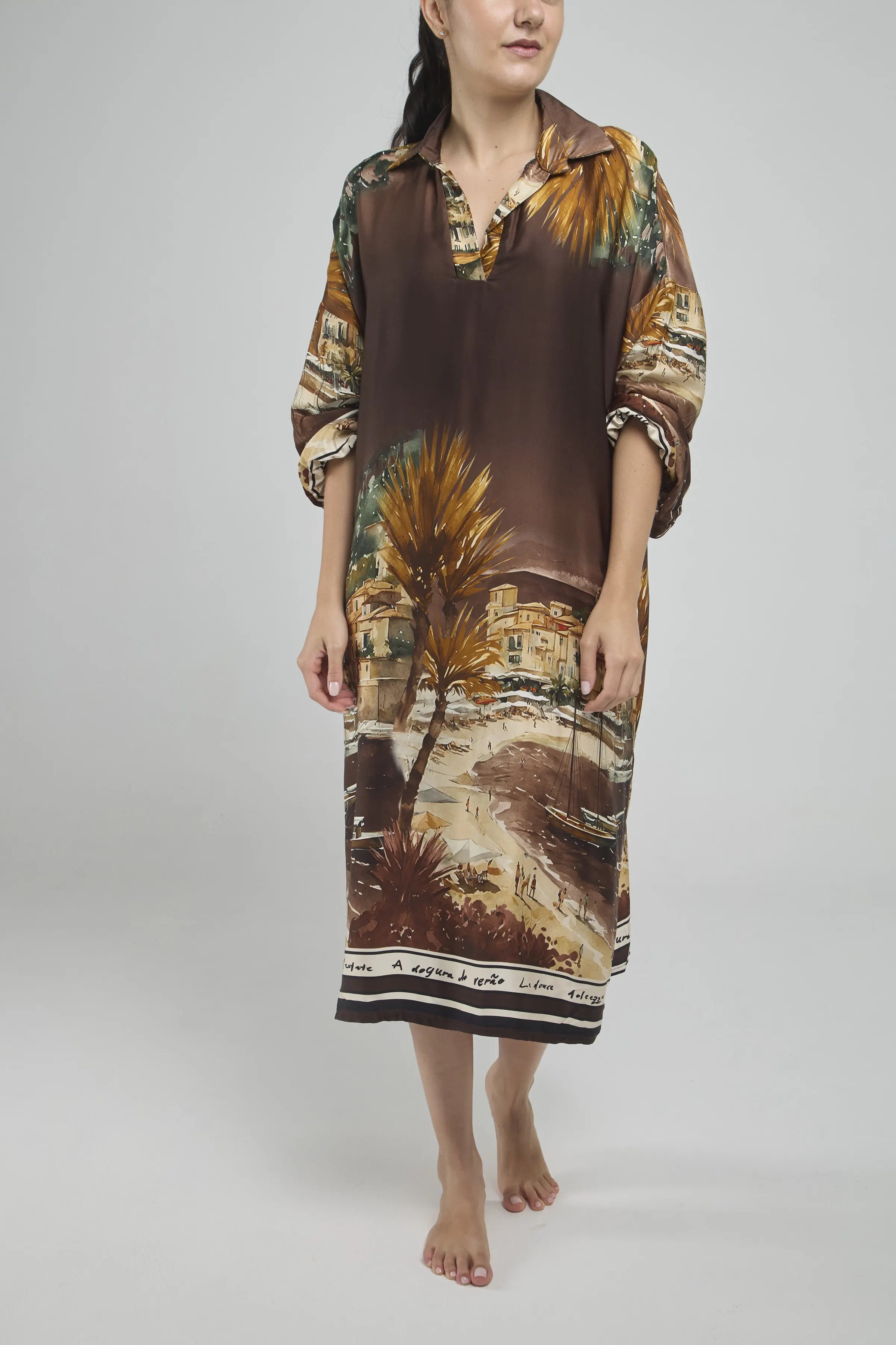 VESTIDO SATIN CORTE  ESTAMPADO CIUDAD C/C M/L