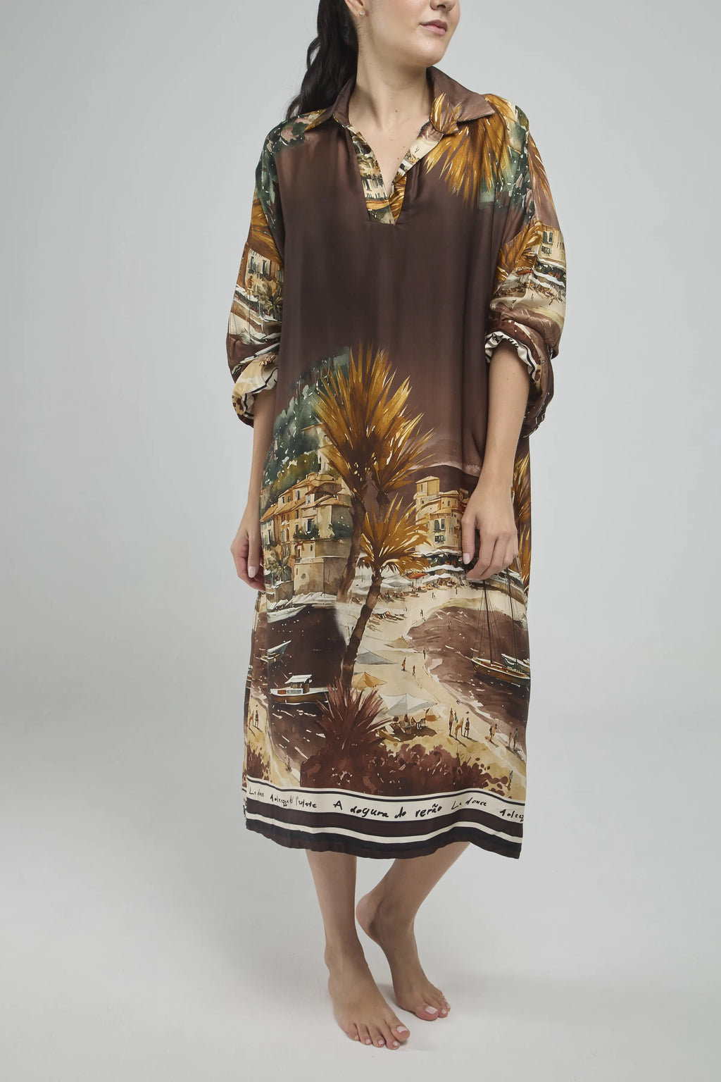 VESTIDO SATIN CORTE  ESTAMPADO CIUDAD C/C M/L