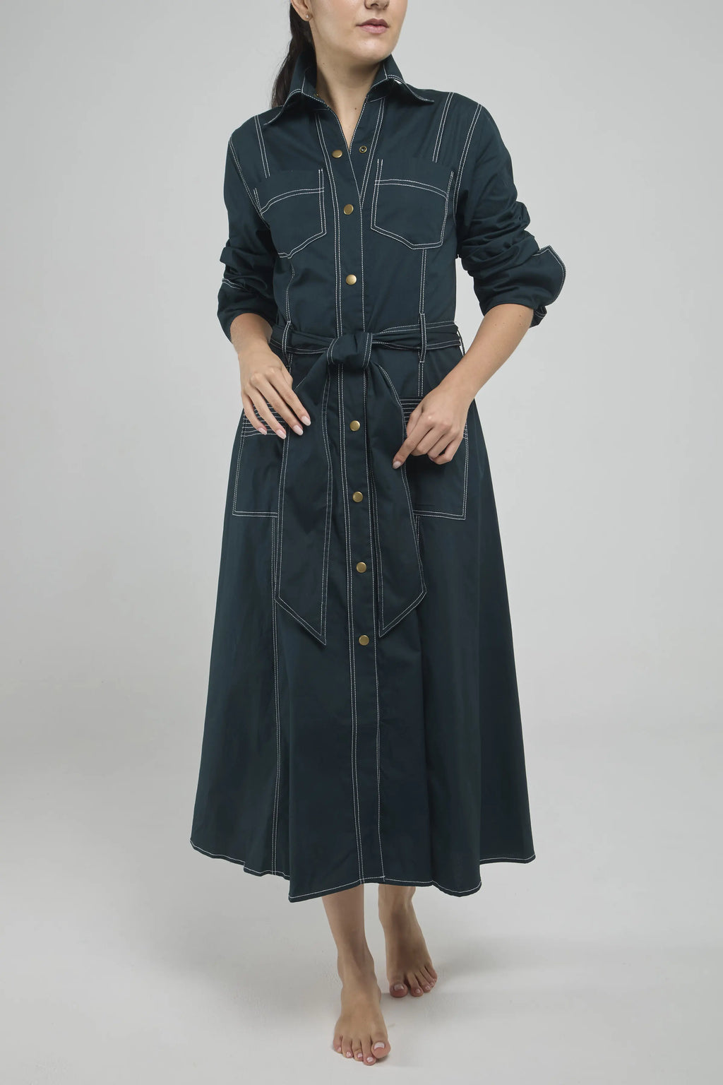 VESTIDO LARGO PESPUNTES  MANGA RECOGIDA BROCHE CINTURON