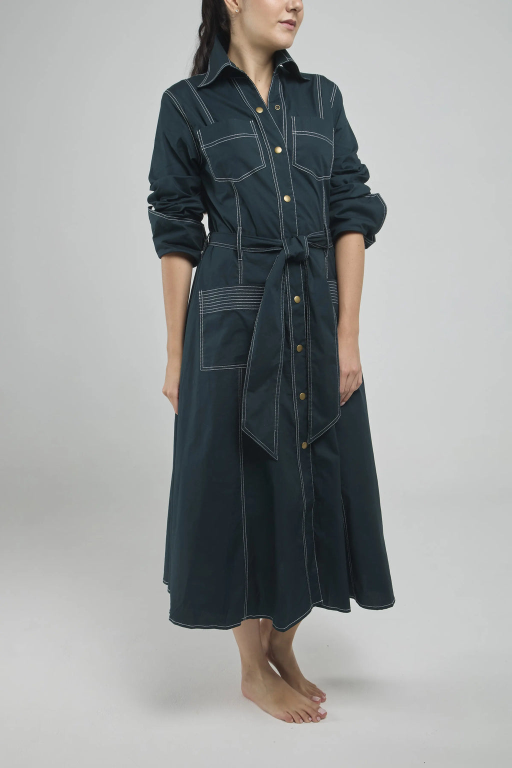 VESTIDO LARGO PESPUNTES  MANGA RECOGIDA BROCHE CINTURON