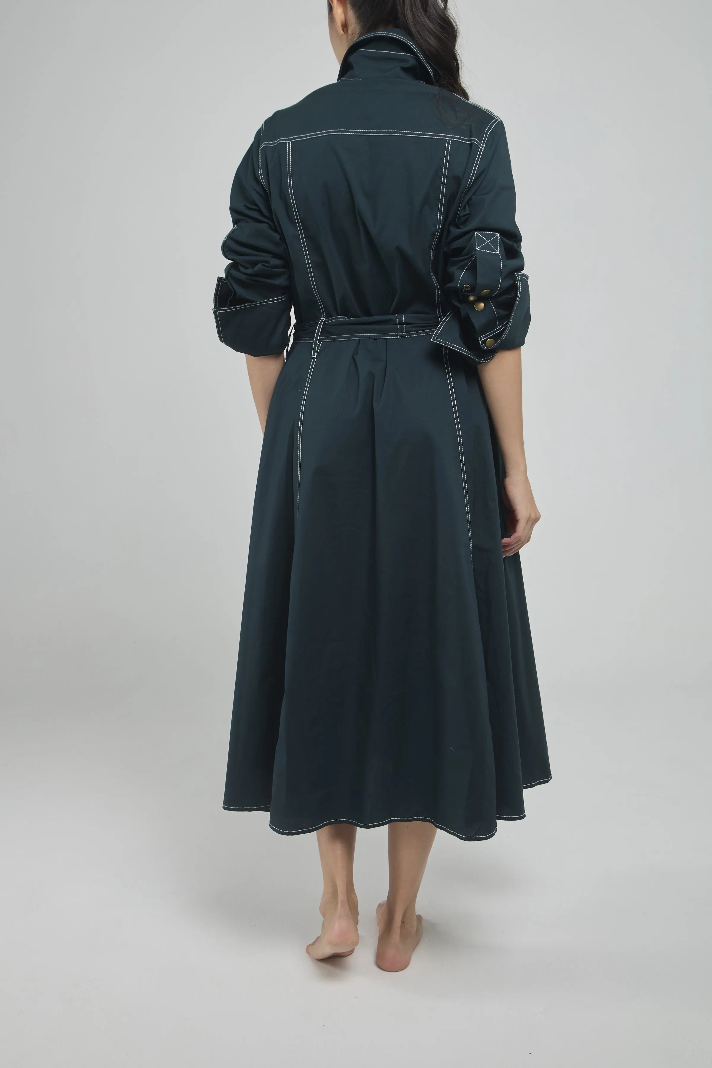 VESTIDO LARGO PESPUNTES  MANGA RECOGIDA BROCHE CINTURON