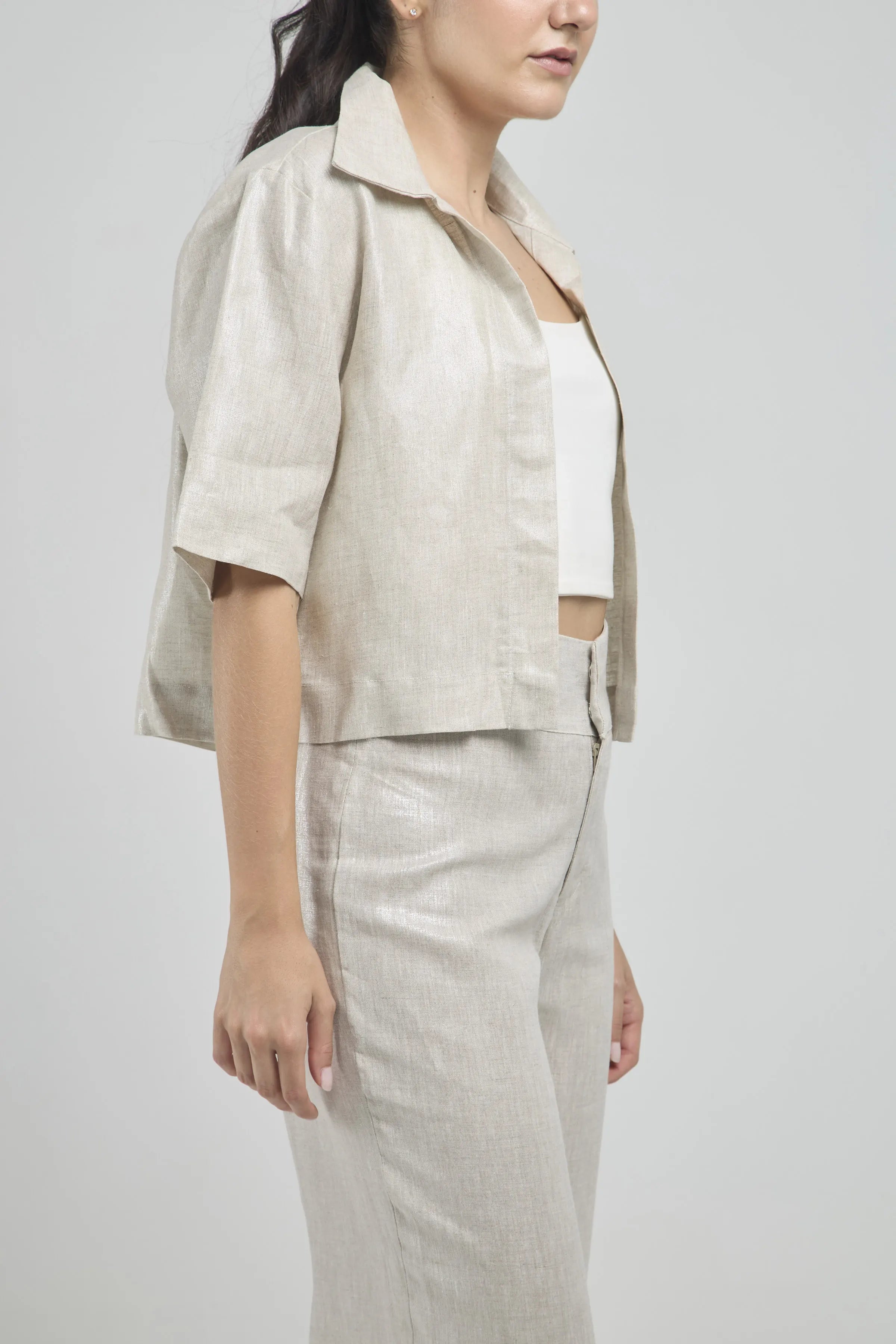 CHAQUETA ABIERTA LINO BRILLANTE C/C MANGA CORTA