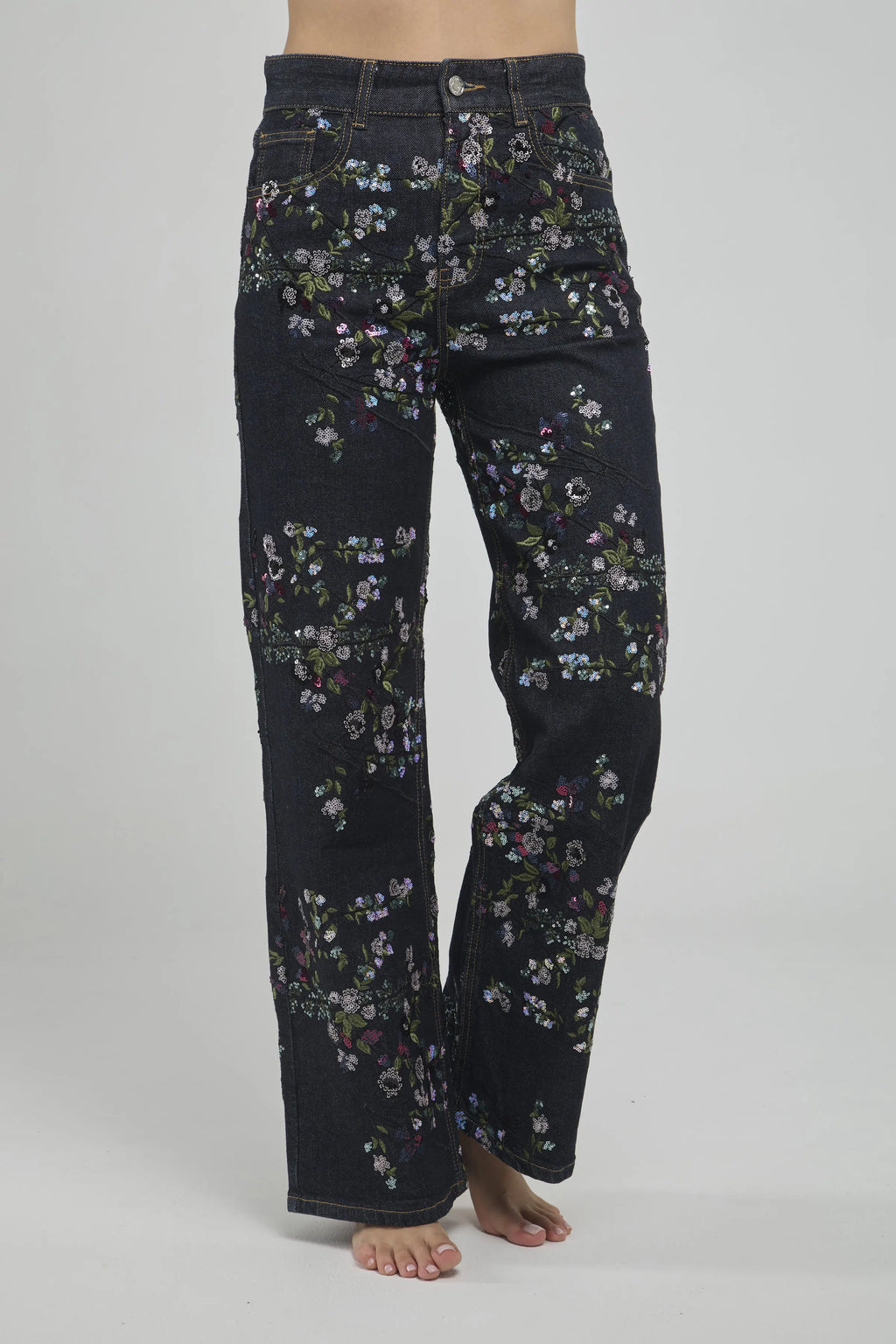 JEANS BOTA RECTA BODADO FLOR LENTEJUELAS