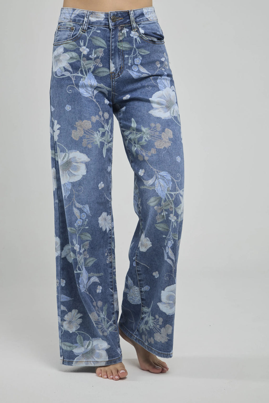 JEANS ESTAMPADO FLORES AZULES BOTA RECTA