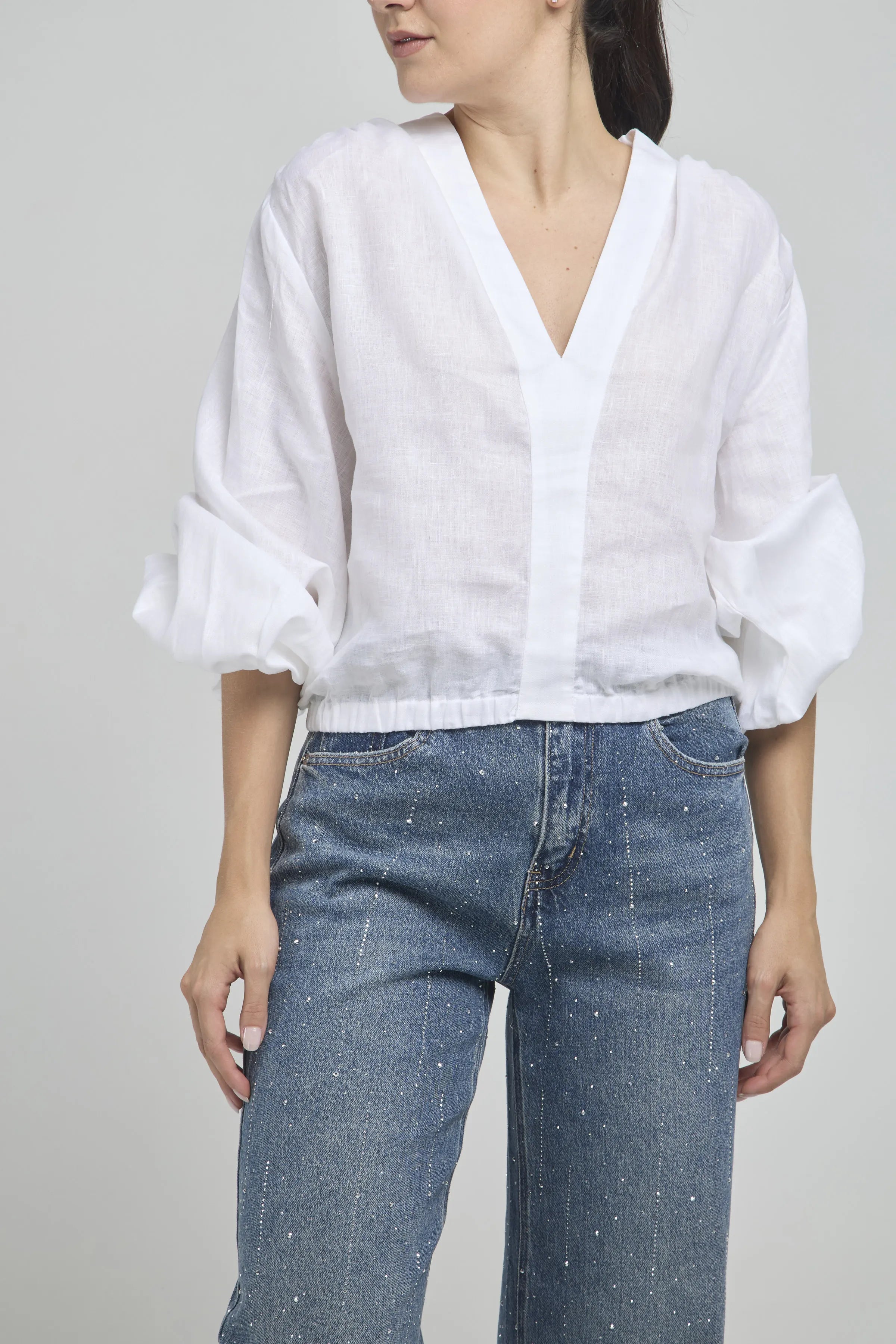 BLUSA LINO JARETA RESORTE MANGA BOMBACHA  RESORTE PUÑO