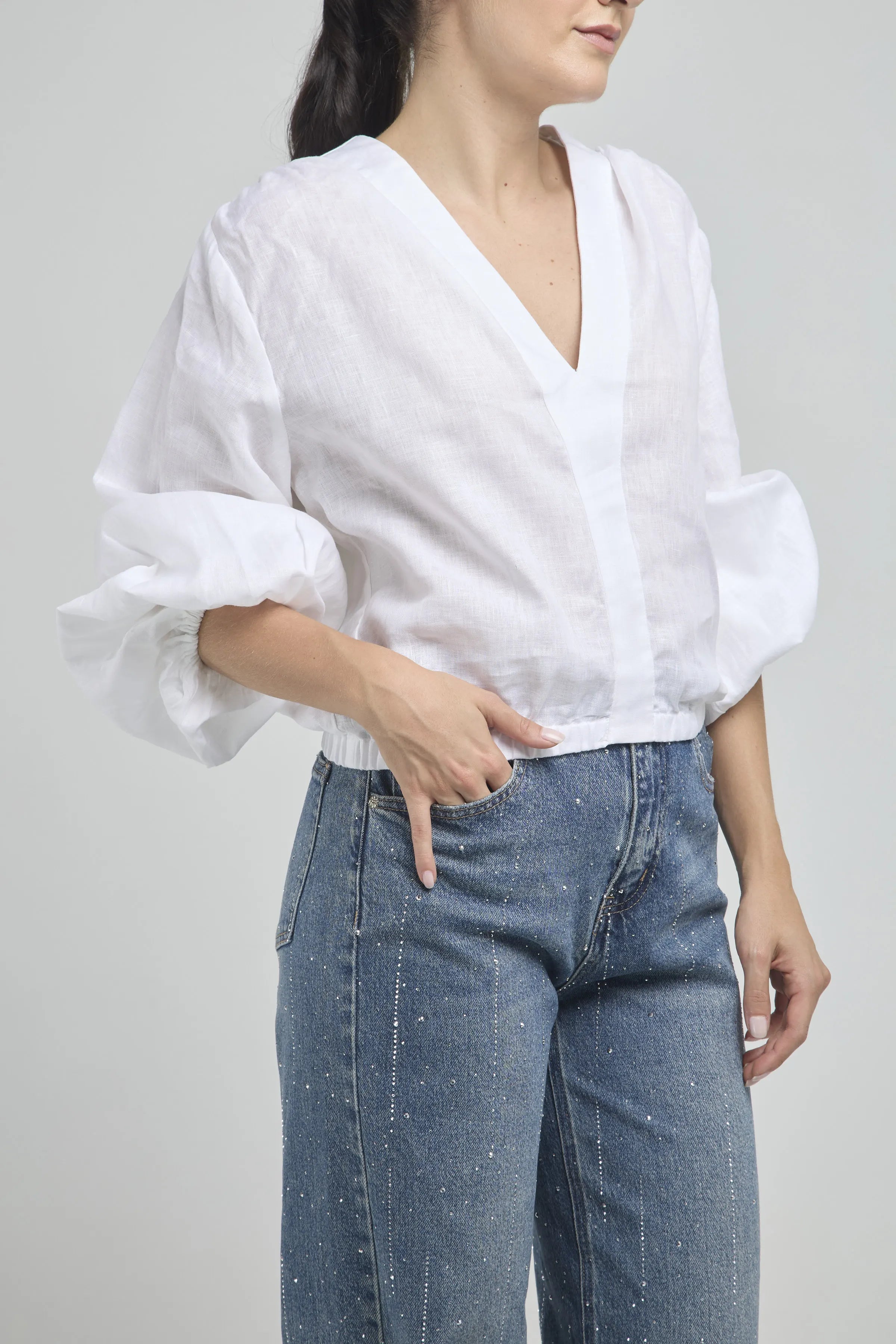 BLUSA LINO JARETA RESORTE MANGA BOMBACHA  RESORTE PUÑO