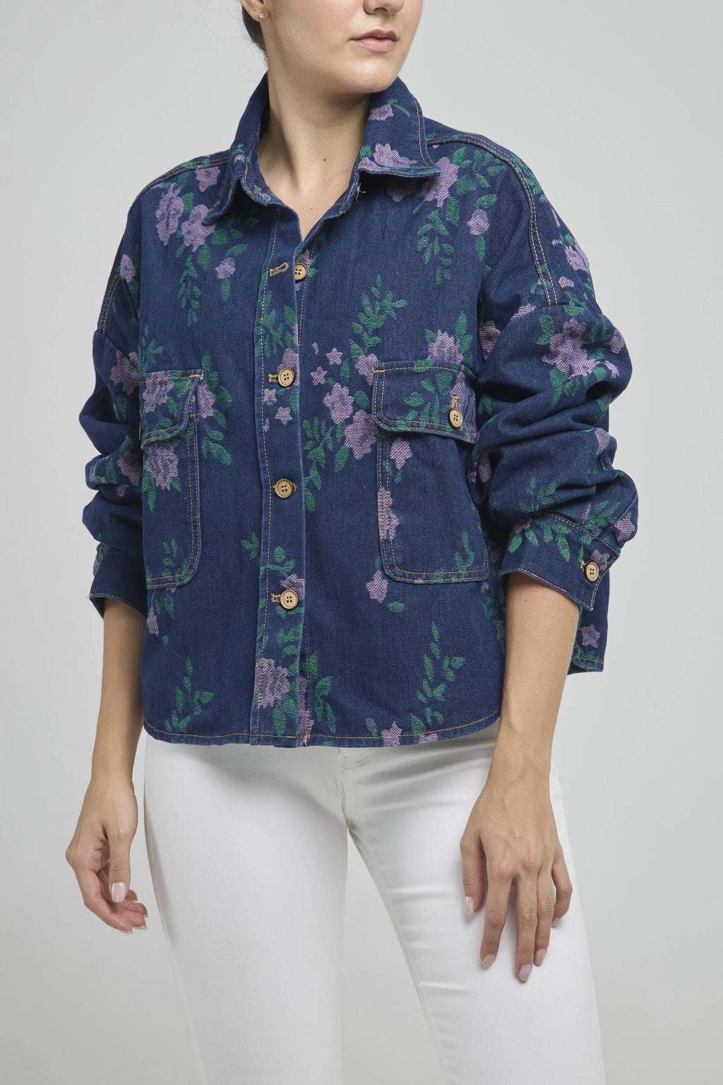 CHAQUETA ESTAMPADA FLORES BOTON BOLSILLO TAPAS C/C M/L