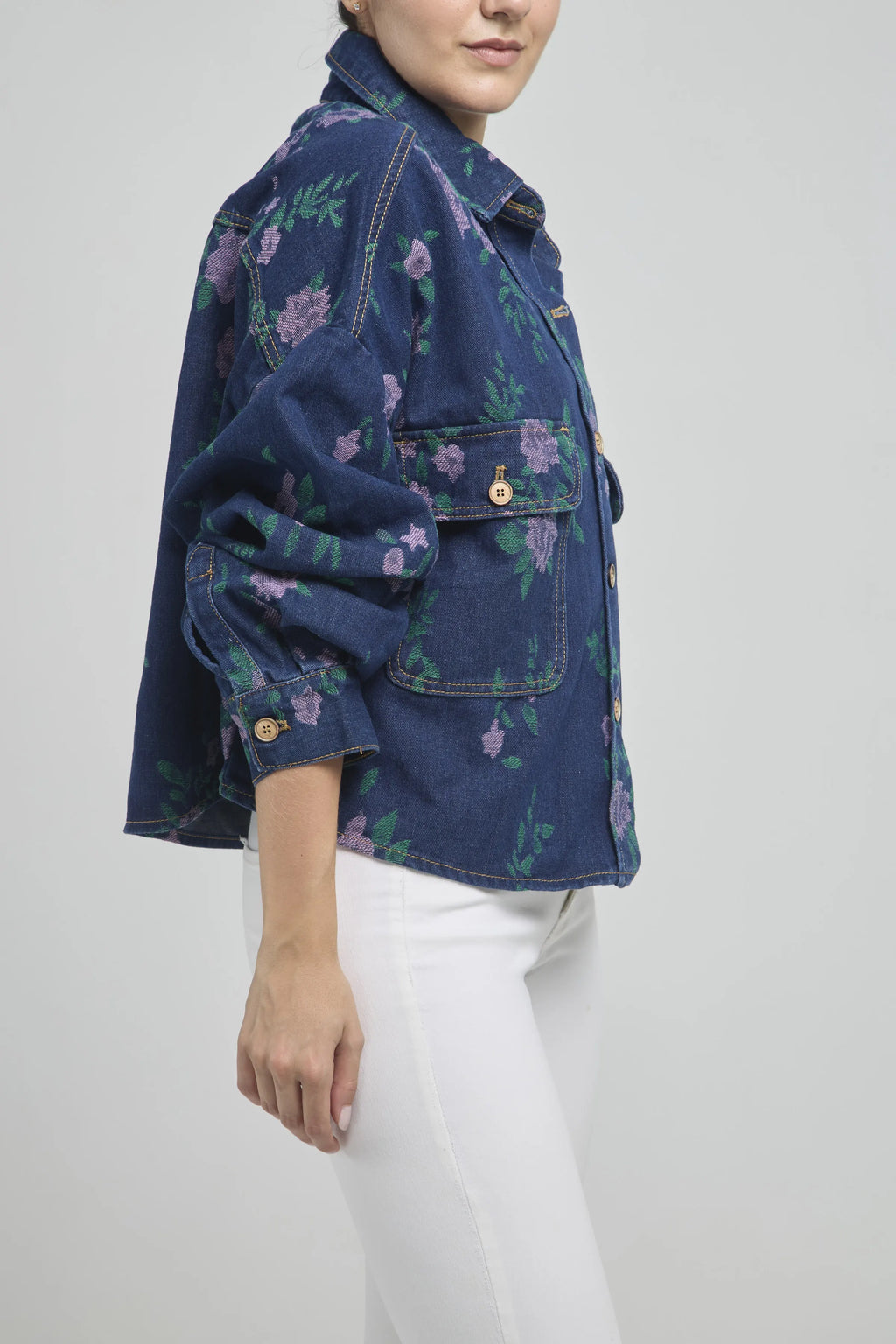CHAQUETA ESTAMPADA FLORES BOTON BOLSILLO TAPAS C/C M/L