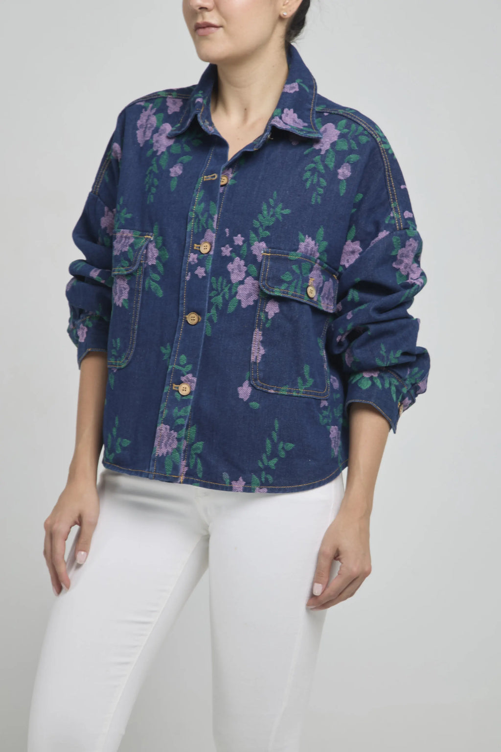 CHAQUETA ESTAMPADA FLORES BOTON BOLSILLO TAPAS C/C M/L