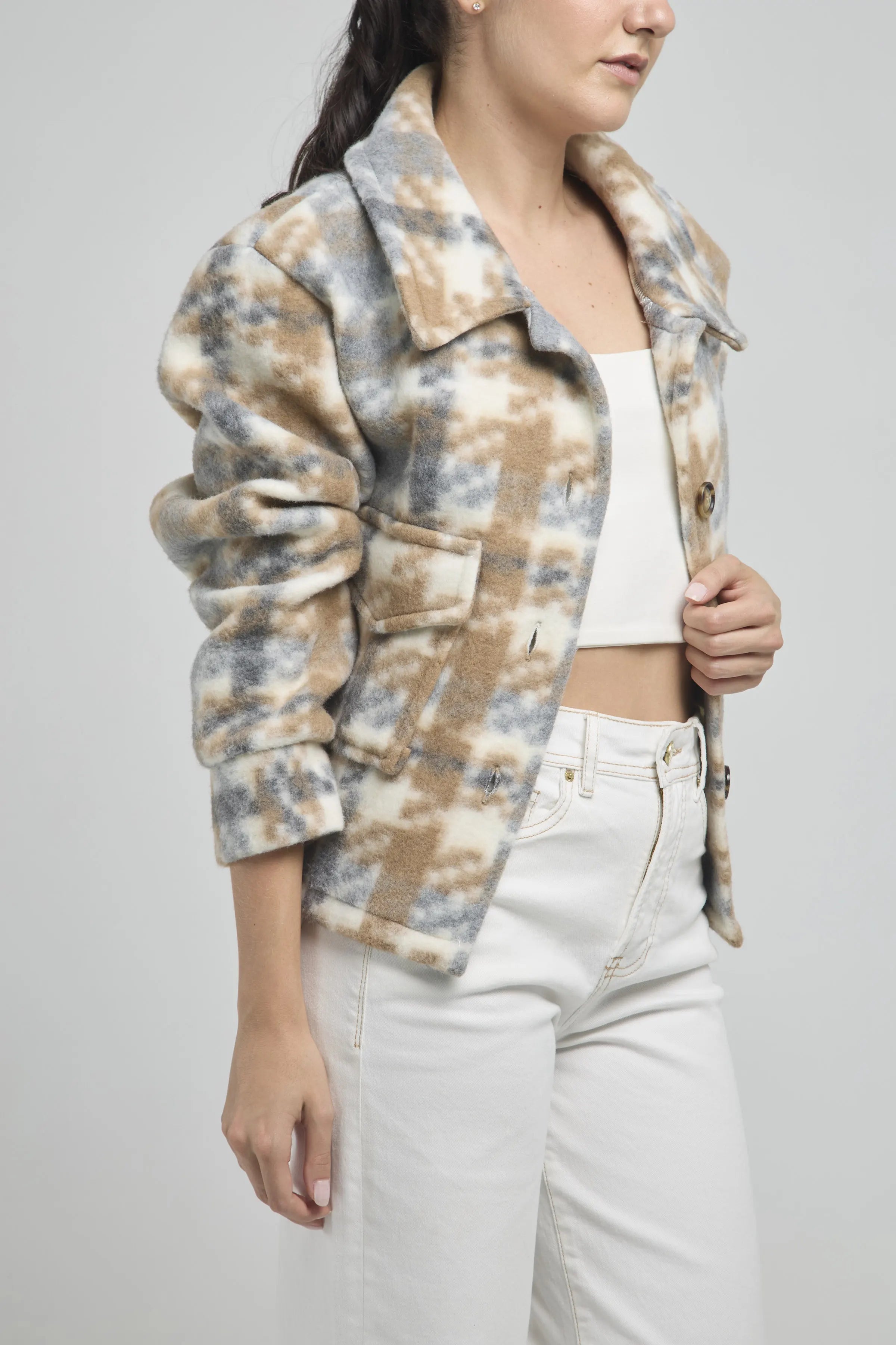 CHAQUETA LANA BOTON ESTAMPADO CUADRO BOLSILLO TAPA