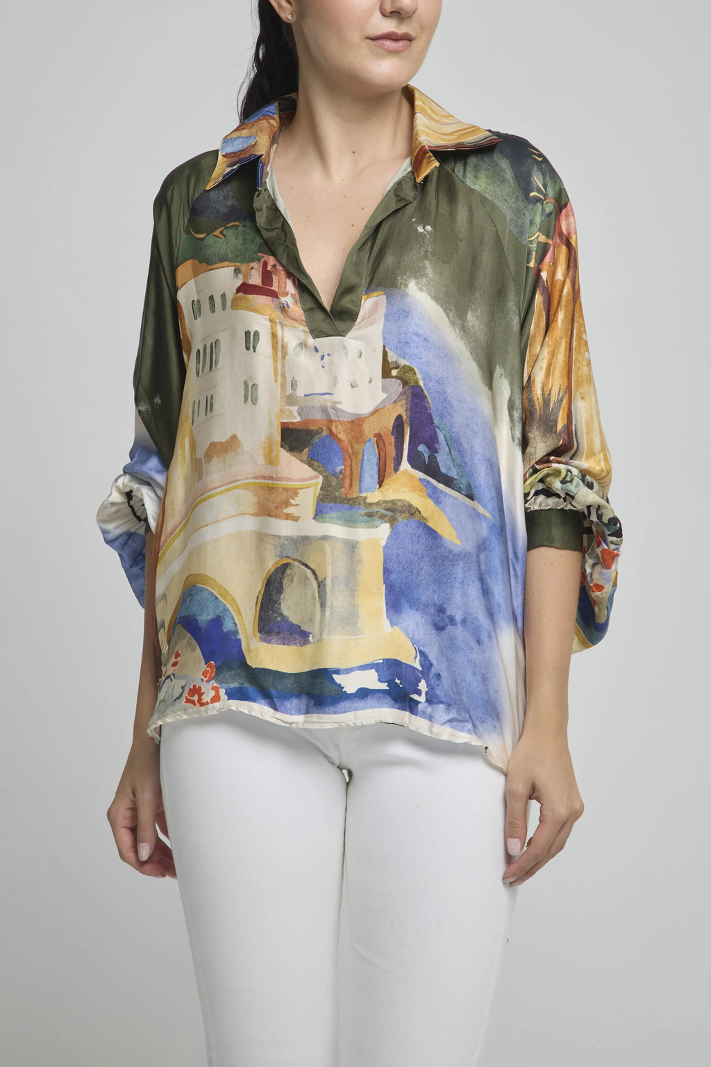BLUSA SATIN 1/2 PERILLA CUELLO CAMISERO MANGA BOMBACHA