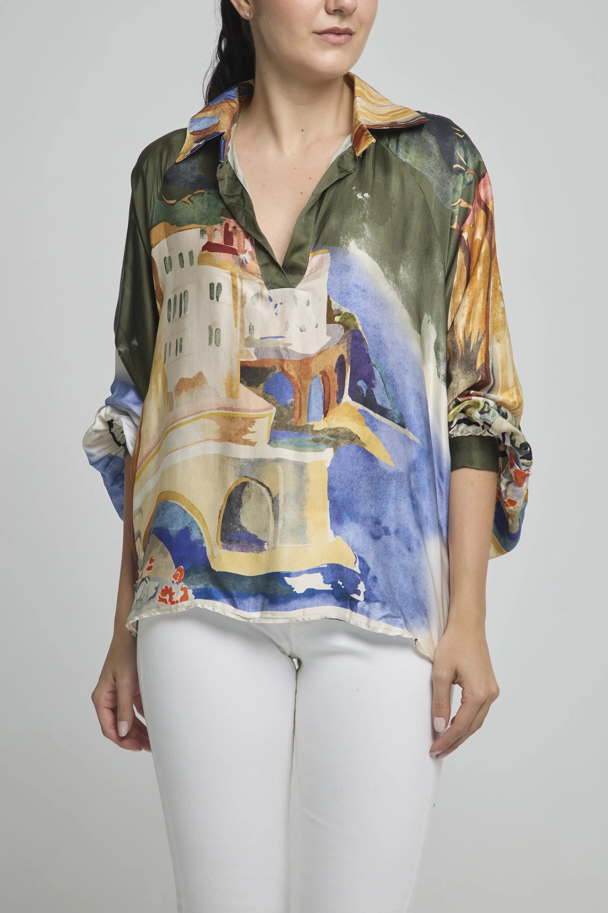 BLUSA SATIN 1/2 PERILLA CUELLO CAMISERO MANGA BOMBACHA