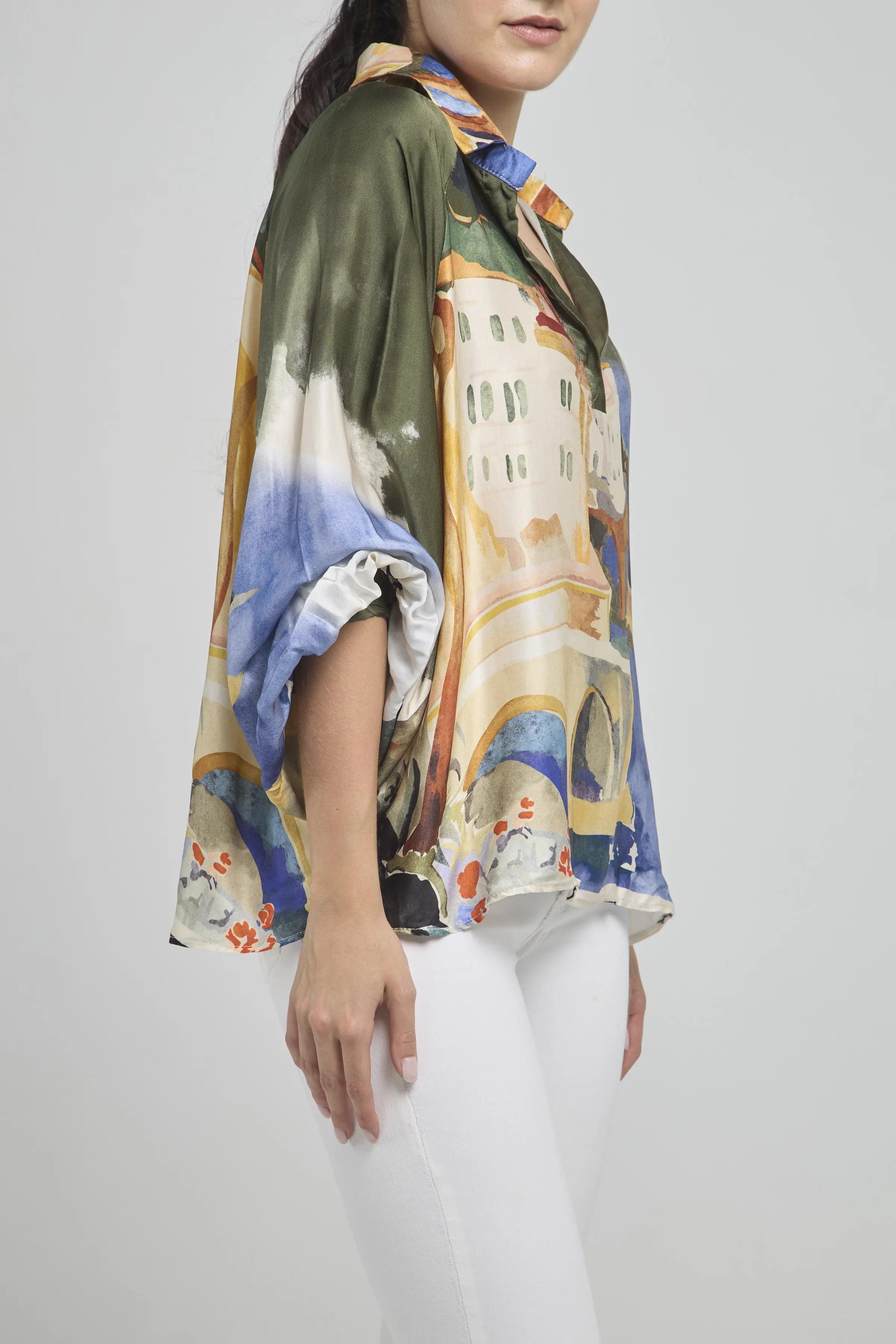 BLUSA SATIN 1/2 PERILLA CUELLO CAMISERO MANGA BOMBACHA