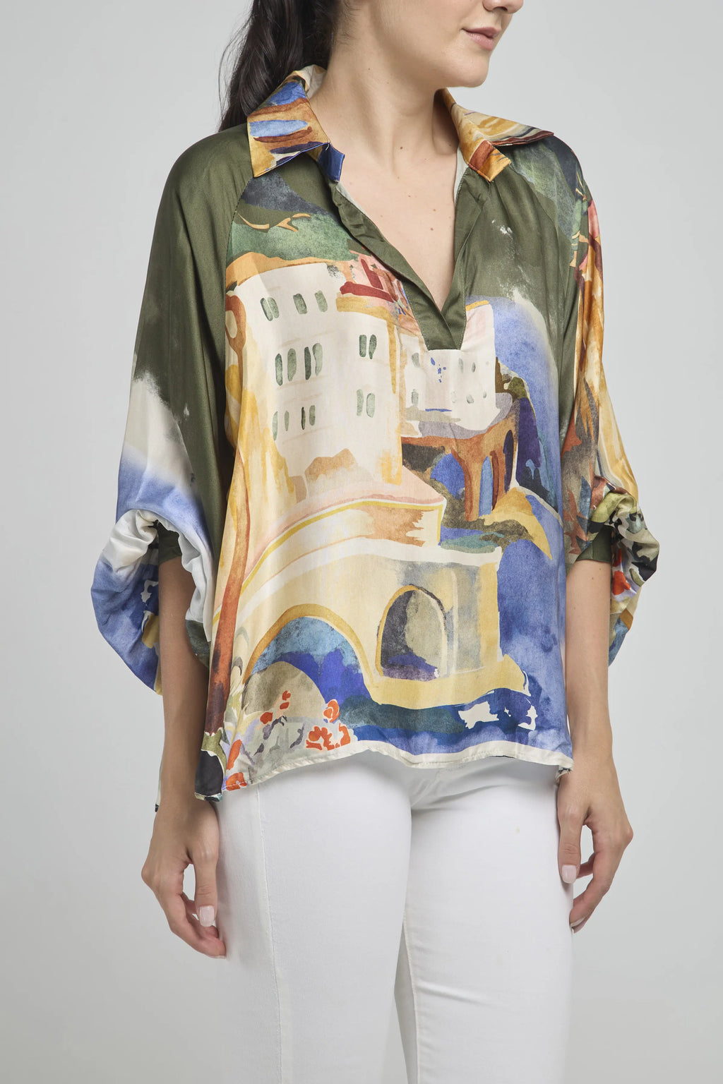 BLUSA SATIN 1/2 PERILLA CUELLO CAMISERO MANGA BOMBACHA