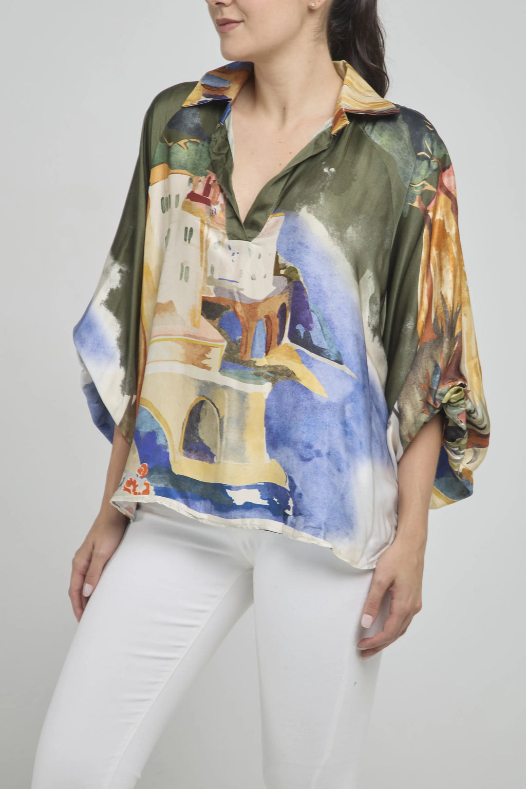 BLUSA SATIN 1/2 PERILLA CUELLO CAMISERO MANGA BOMBACHA