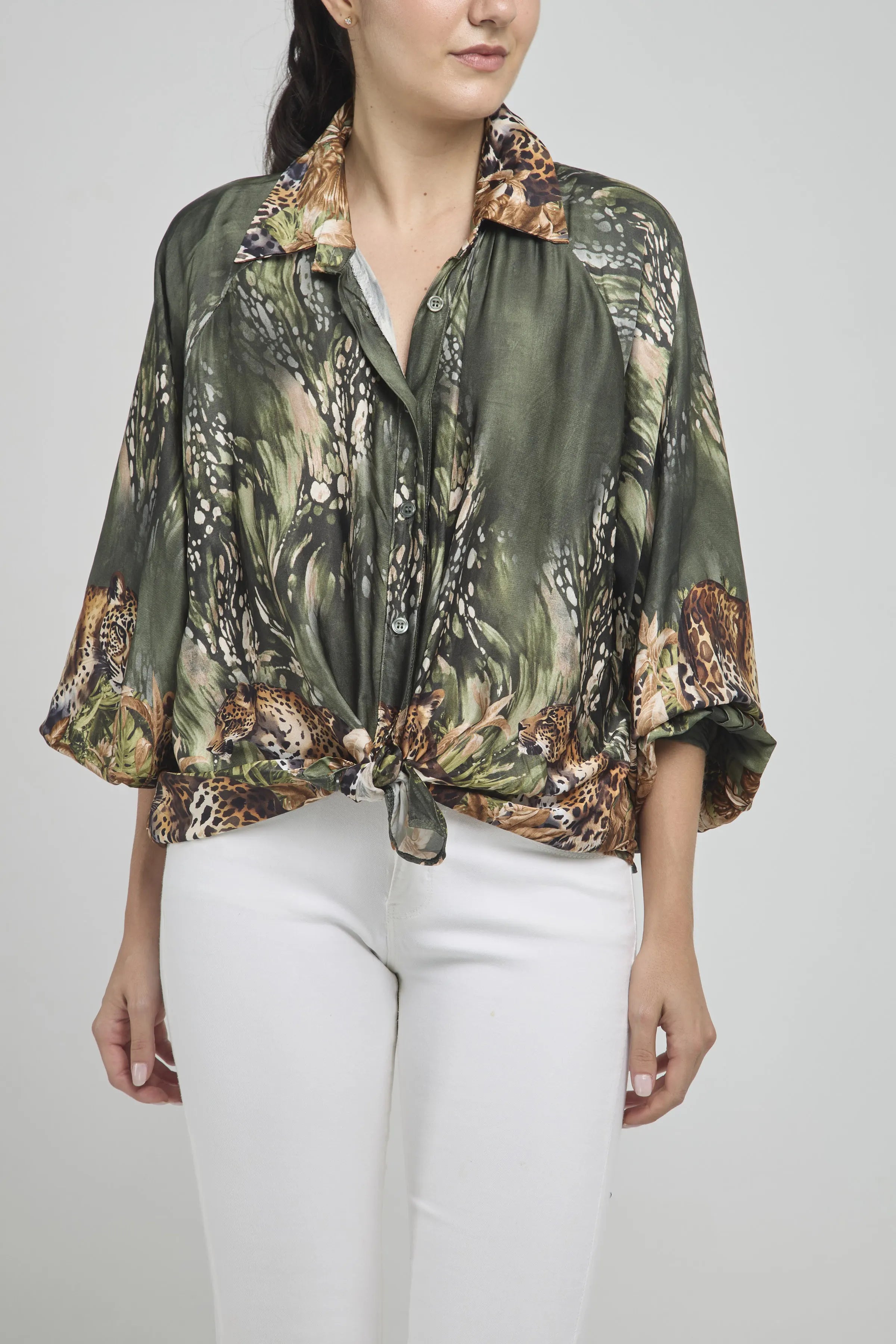 CAMISA ESTAMPADA LEOPARDO MANGA BOMBA C/C