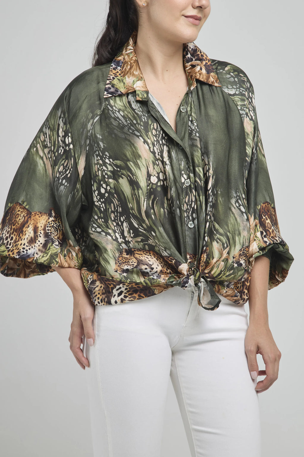 CAMISA ESTAMPADA LEOPARDO MANGA BOMBA C/C