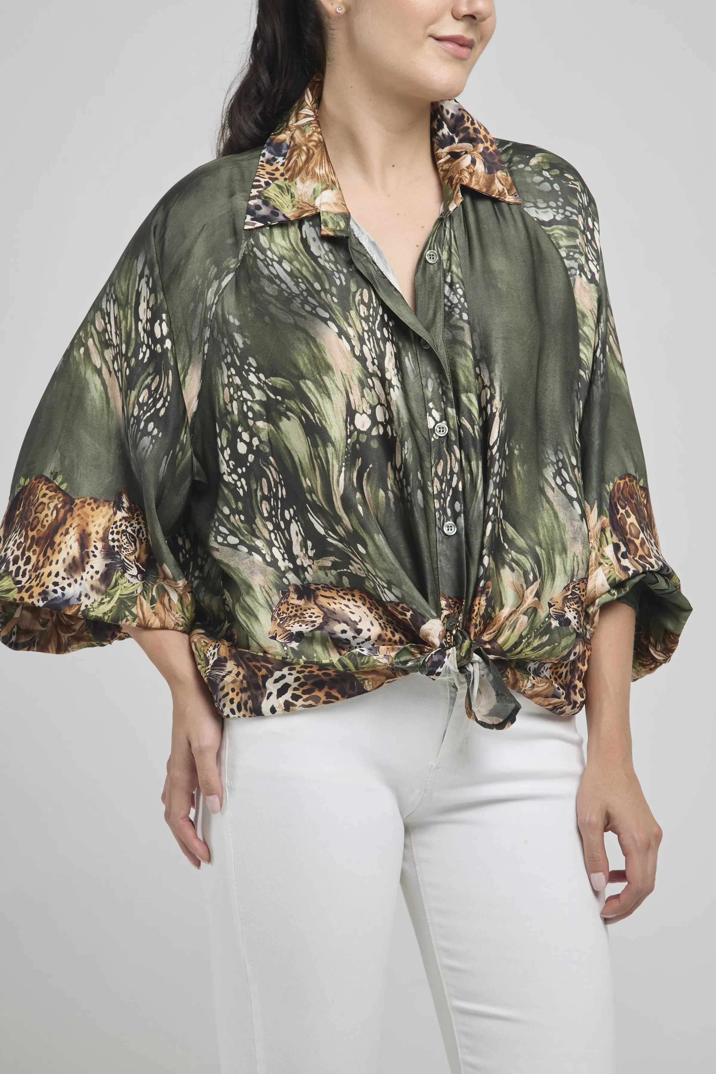 CAMISA ESTAMPADA LEOPARDO MANGA BOMBA C/C