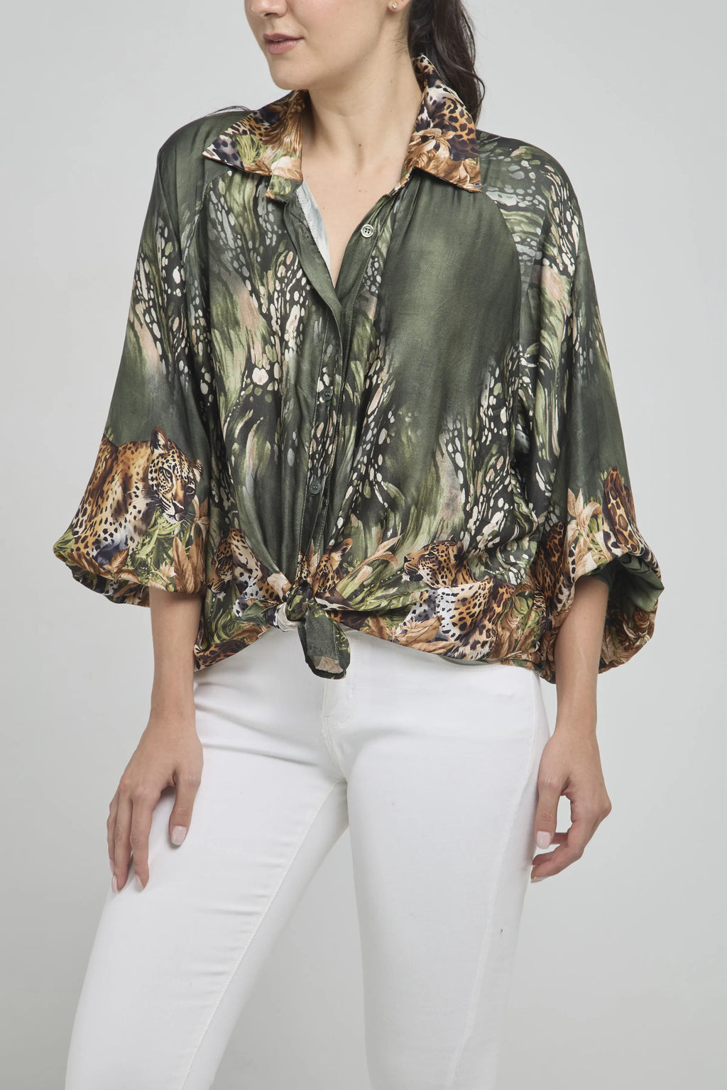 CAMISA ESTAMPADA LEOPARDO MANGA BOMBA C/C