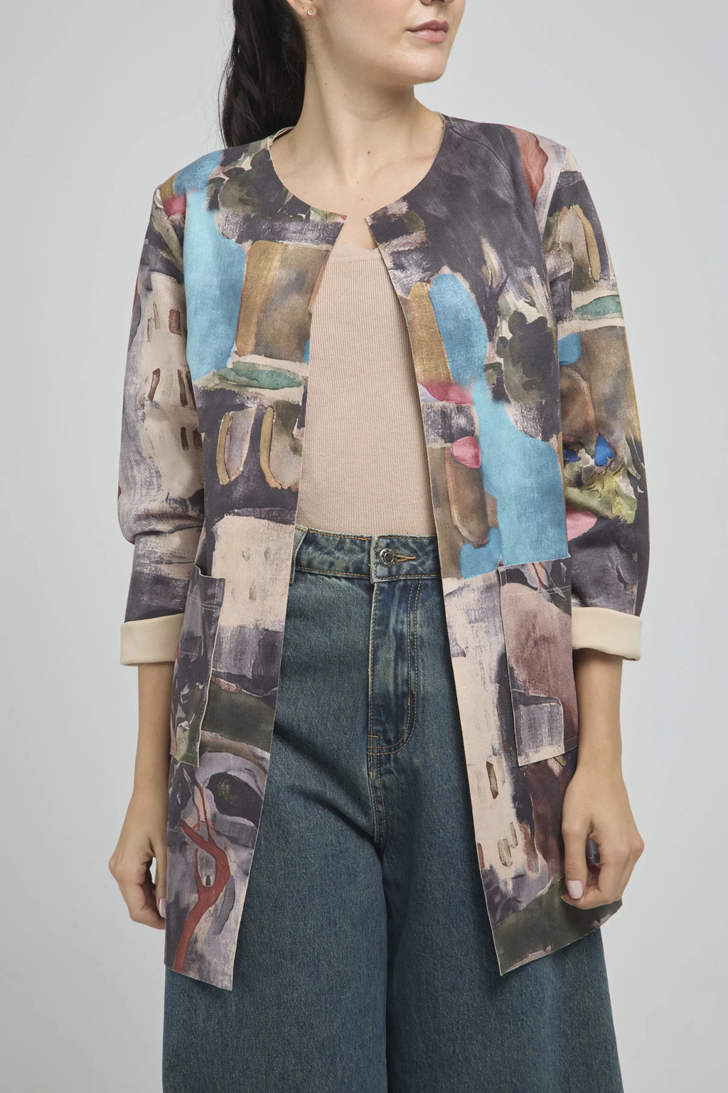 CHAQUETA LARGA ABIERTA ESTAMPADA VARIOS COLOR