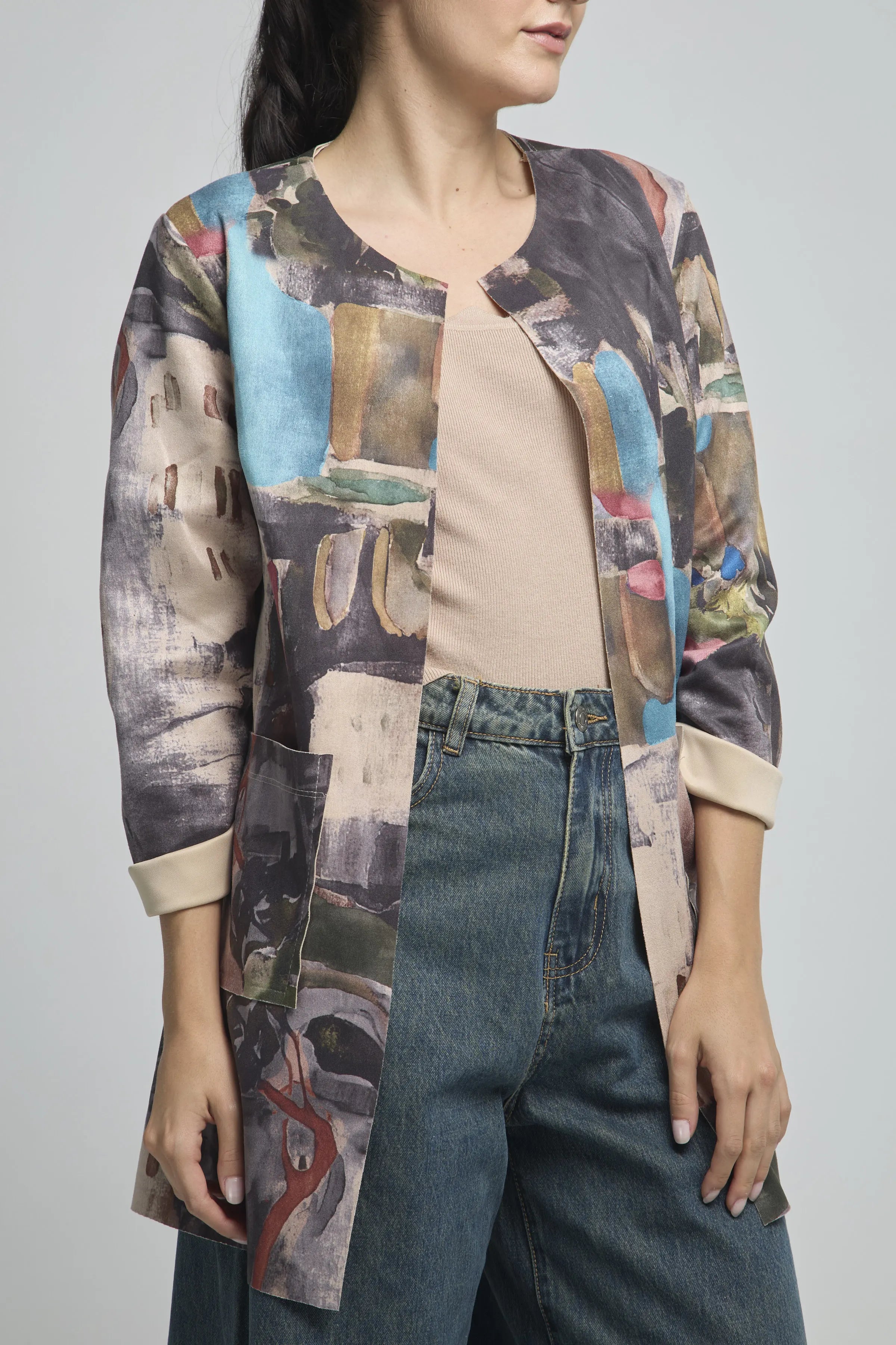 CHAQUETA LARGA ABIERTA ESTAMPADA VARIOS COLOR