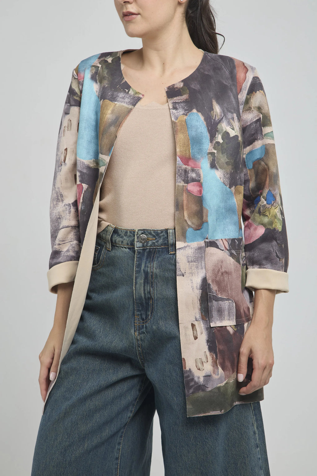 CHAQUETA LARGA ABIERTA ESTAMPADA VARIOS COLOR