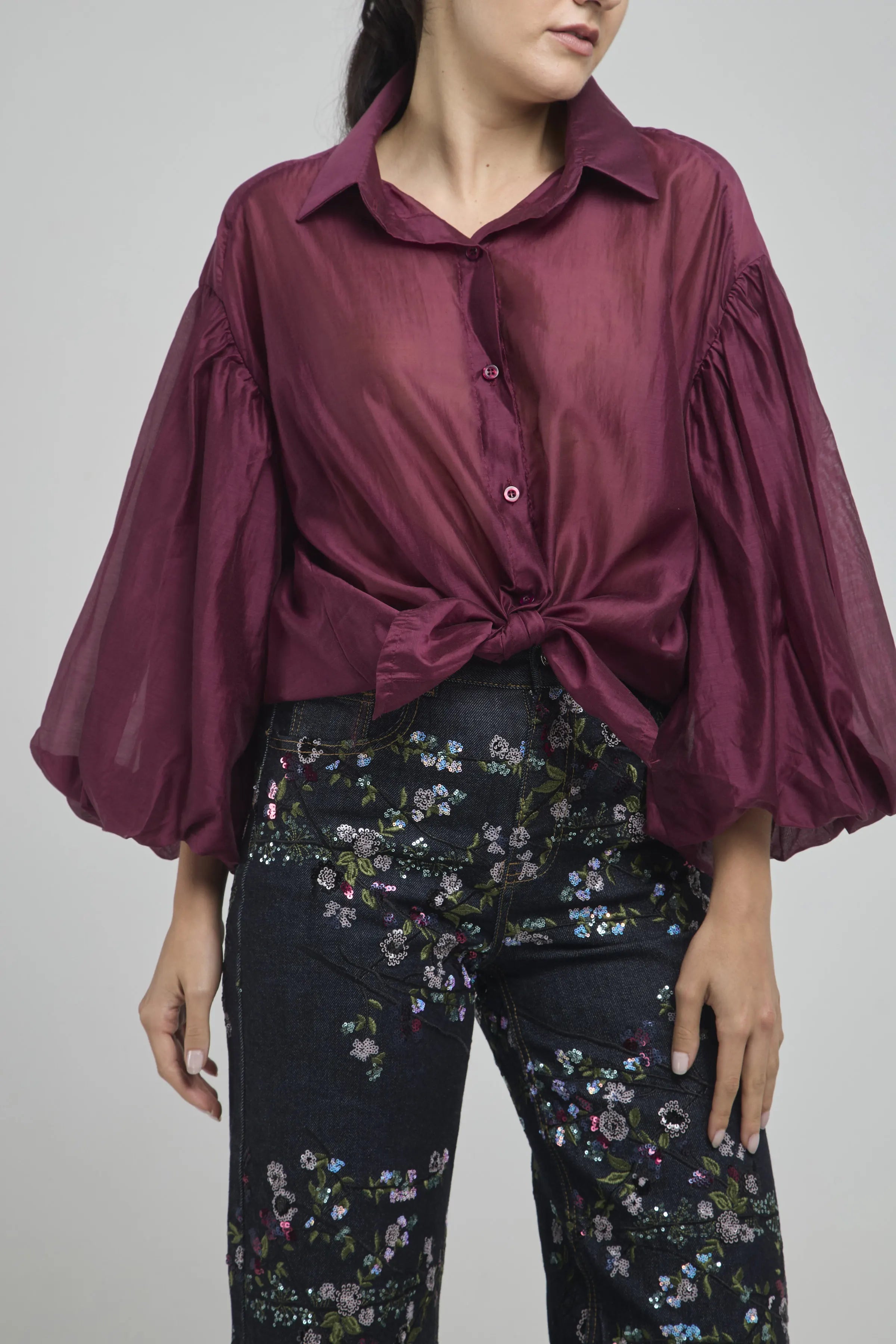 CAMISA MANGA BOMBACHA MANGA 3/4 CUELLO CAMISERO BOTONES