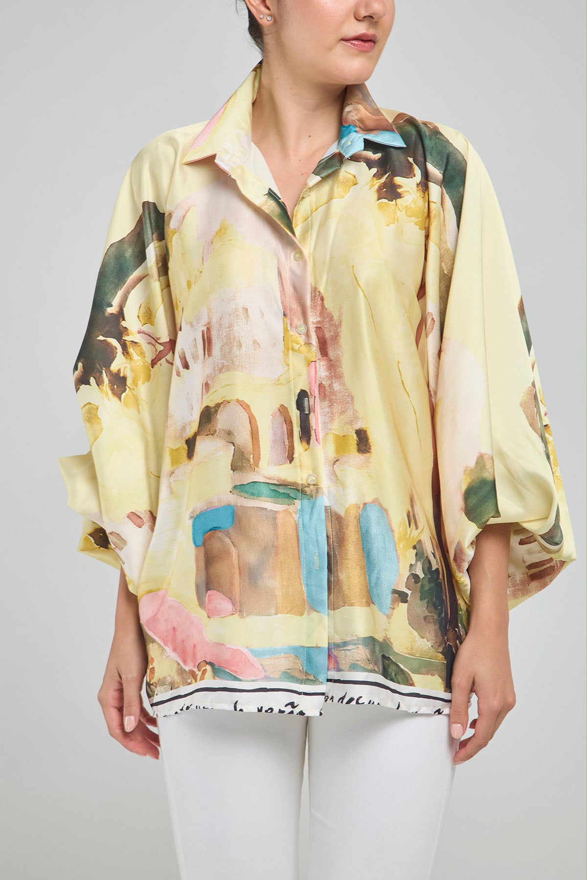 CAMISA SEDA ESTAMPADA COLORES CUELLO CAMISERO MANGA LARGA