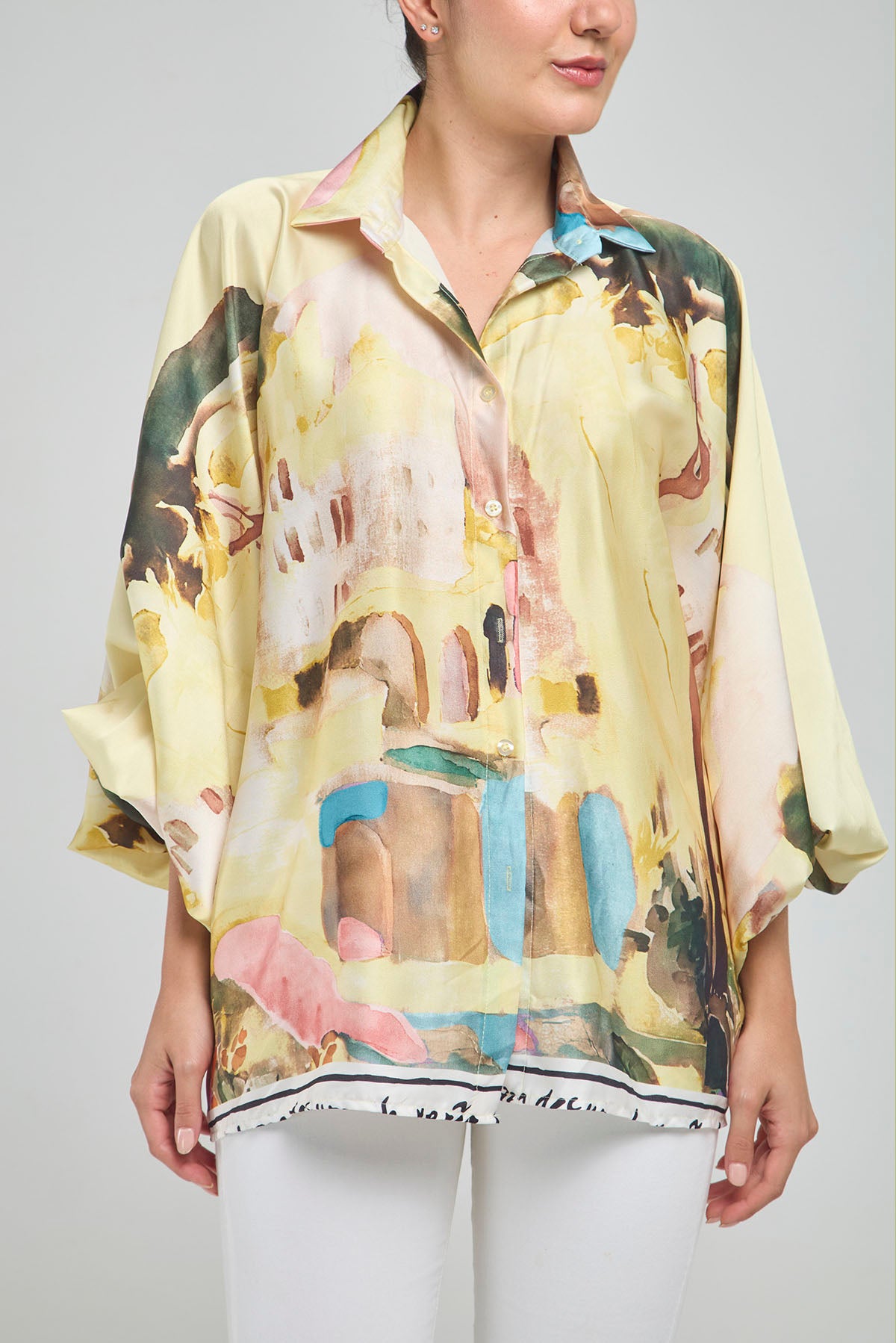 CAMISA SEDA ESTAMPADA COLORES CUELLO CAMISERO MANGA LARGA