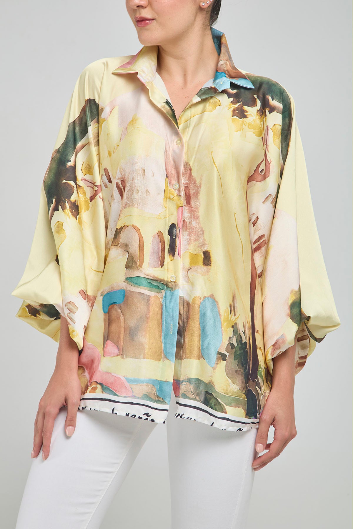 CAMISA SEDA ESTAMPADA COLORES CUELLO CAMISERO MANGA LARGA