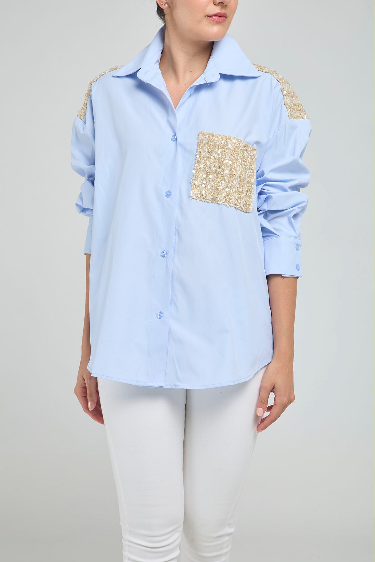 CAMISA APLIQUES ESPALDA BOLSILLO TELA BURDA  M/L C/C