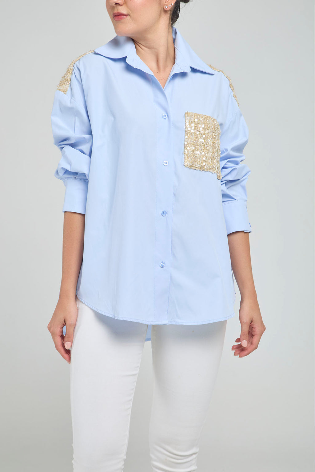 CAMISA APLIQUES ESPALDA BOLSILLO TELA BURDA  M/L C/C
