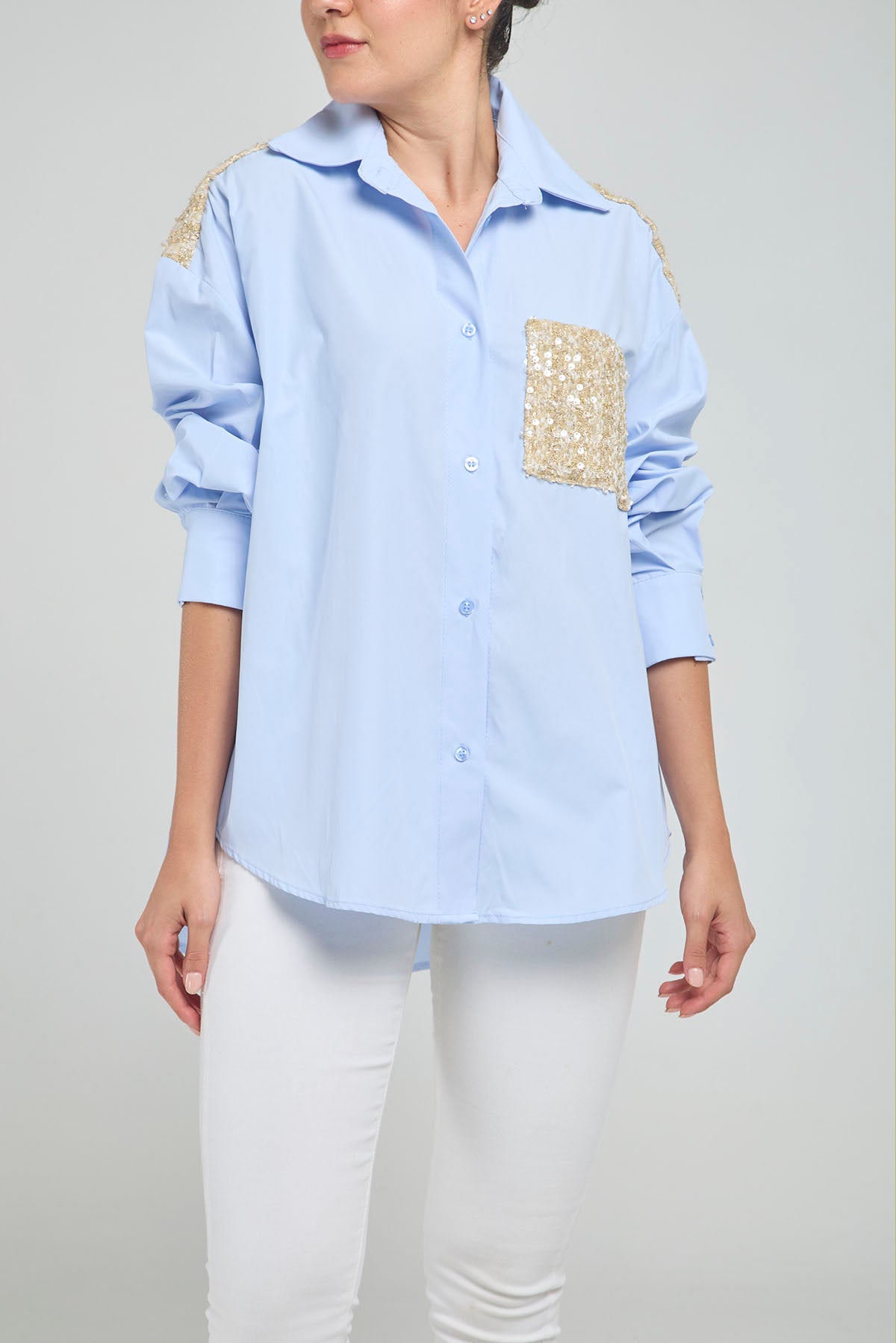 CAMISA APLIQUES ESPALDA BOLSILLO TELA BURDA  M/L C/C