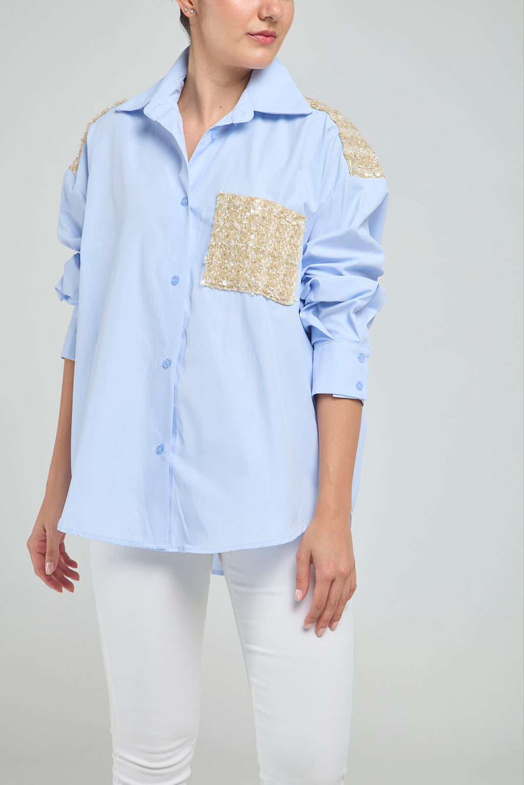 CAMISA APLIQUES ESPALDA BOLSILLO TELA BURDA  M/L C/C