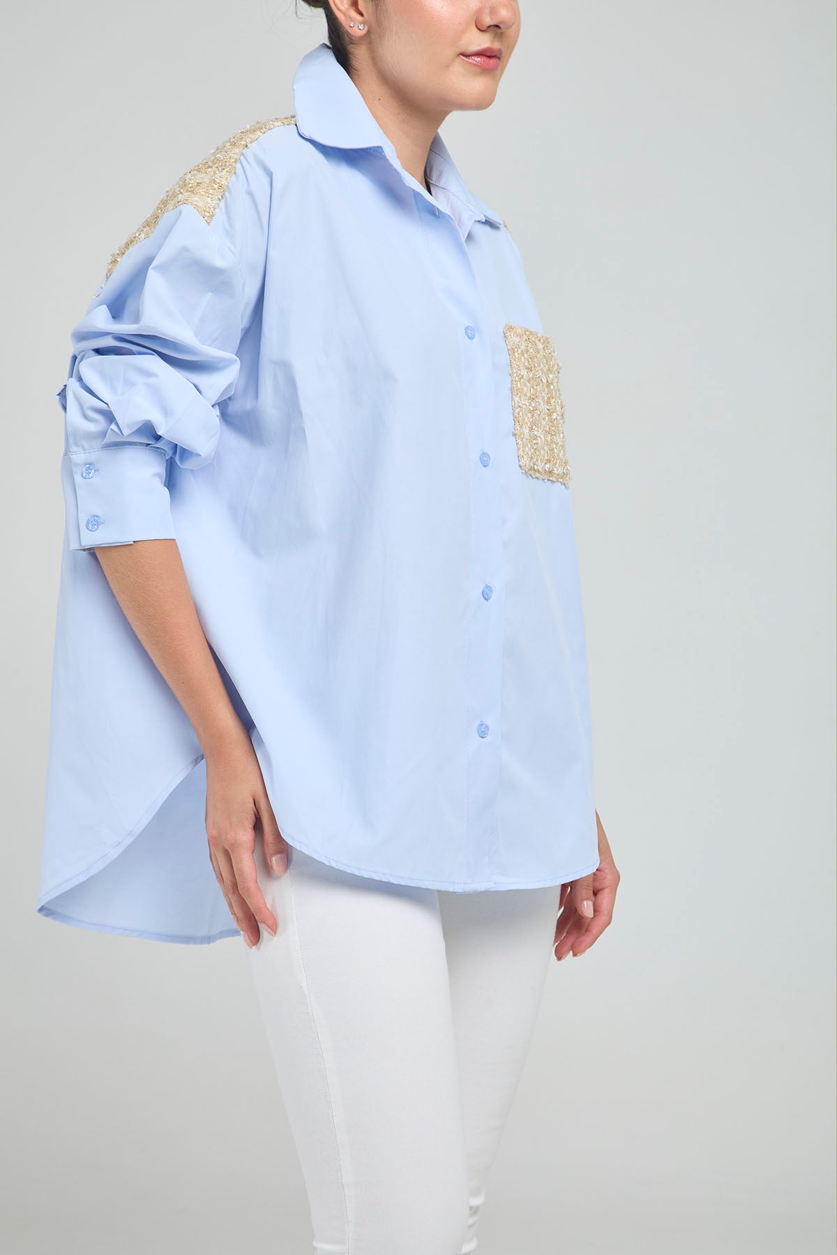 CAMISA APLIQUES ESPALDA BOLSILLO TELA BURDA  M/L C/C