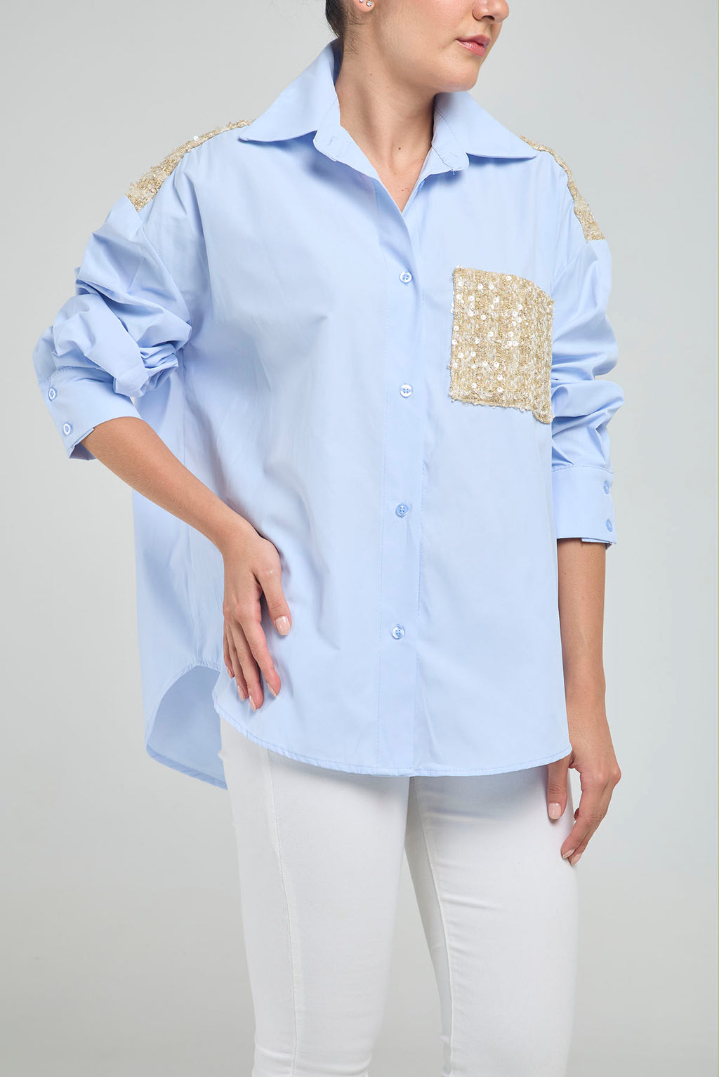 CAMISA APLIQUES ESPALDA BOLSILLO TELA BURDA  M/L C/C