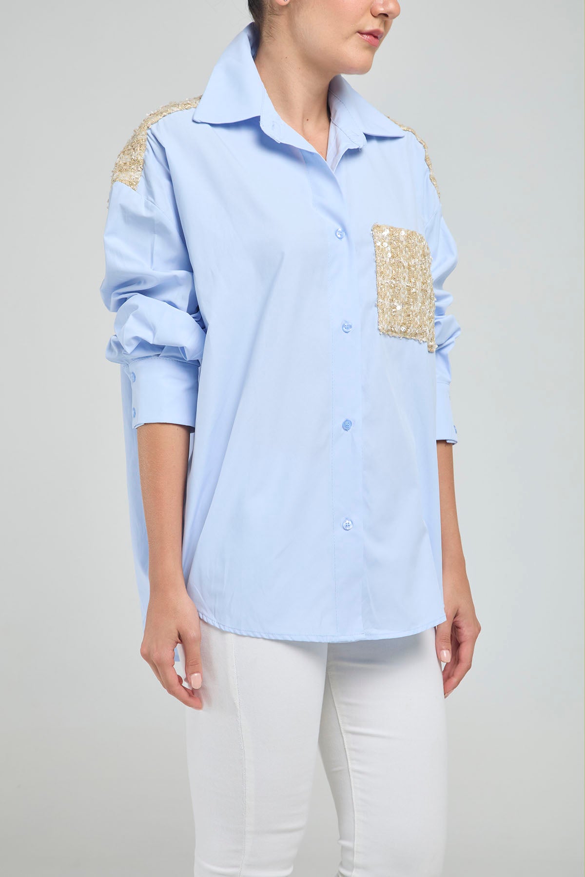 CAMISA APLIQUES ESPALDA BOLSILLO TELA BURDA  M/L C/C