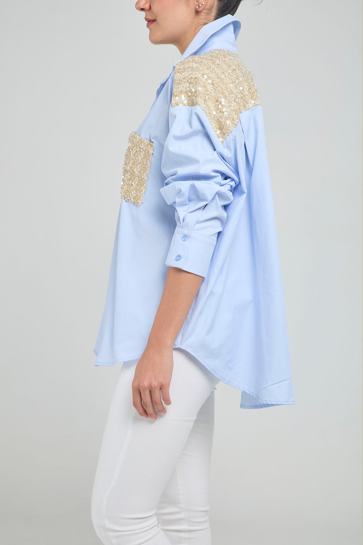 CAMISA APLIQUES ESPALDA BOLSILLO TELA BURDA  M/L C/C