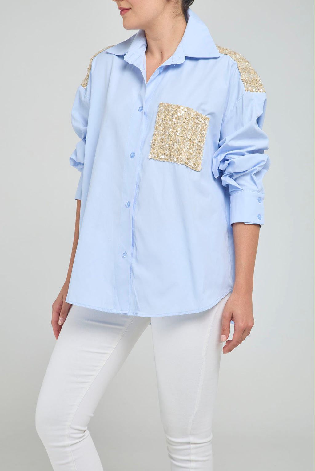 CAMISA APLIQUES ESPALDA BOLSILLO TELA BURDA  M/L C/C